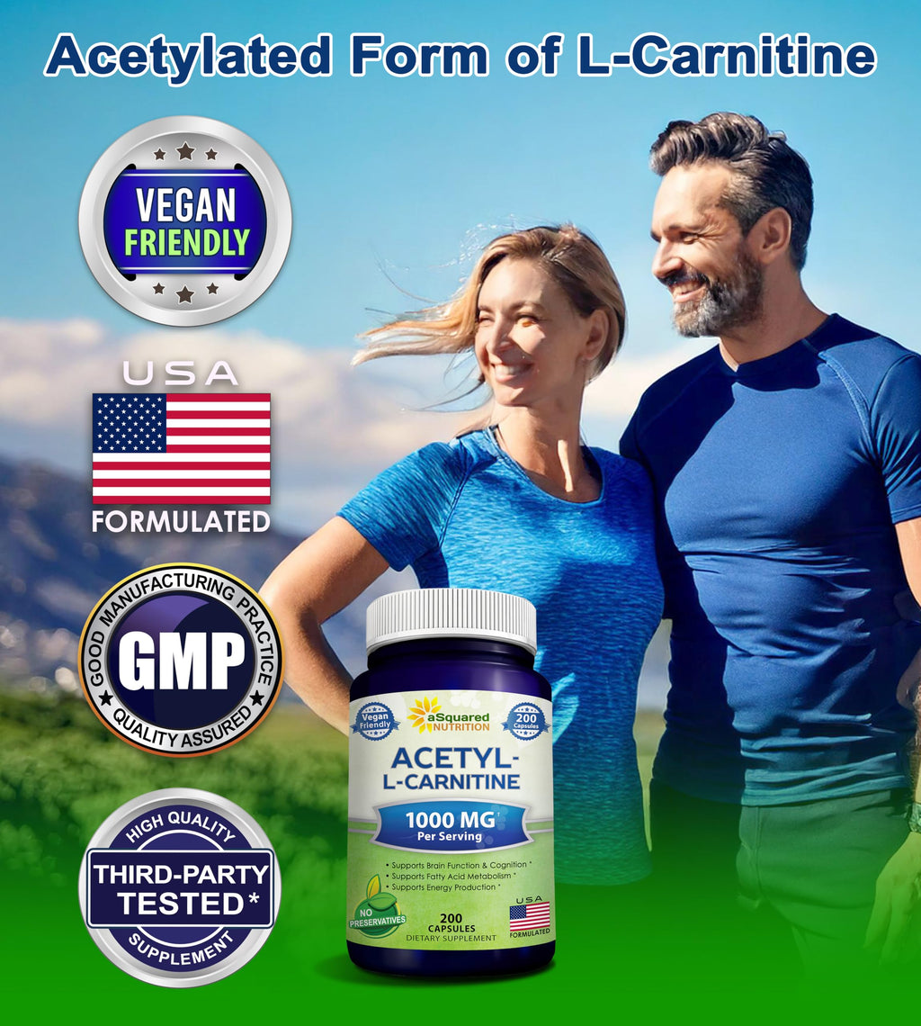 aSquared Nutrition Acetyl L-Carnitine 1000mg Per Serving Max Strength - 200 Veggie Capsules - High Dosage Acetyl L Carnitine HCL (ALCAR) Supplement Pills to Support Pure Energy, Brain Function