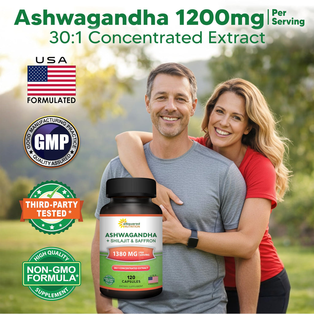 aSquared Nutrition Ashwagandha Supplements for Men & Women + Shilajit & Saffron - 120 Capsules - Pure Root Powder Complex - Pills Alternative to Gummies & Drops