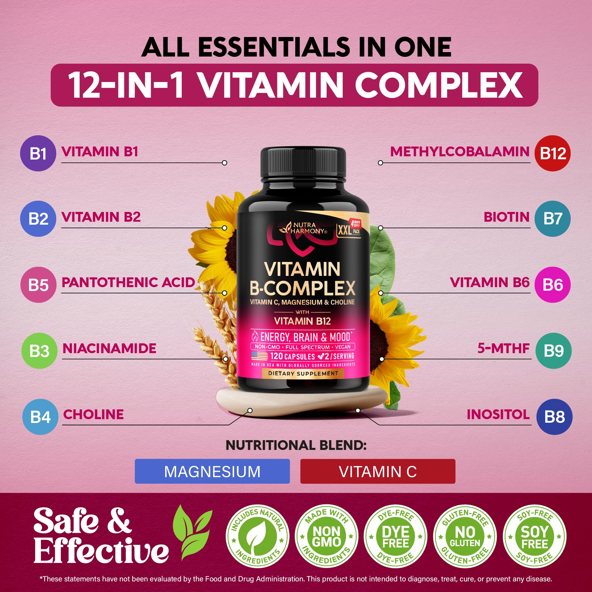 Vitamin B Complex for Men & Women - Riboflavin B2, B12, B1, B3, B5, B6, B7, B8, B9 | Vitamin C, Choline, Inositol | B-Complex Supplement | Energy, Brain & Heart Support | Lab Tested | 120 Vegan Caps