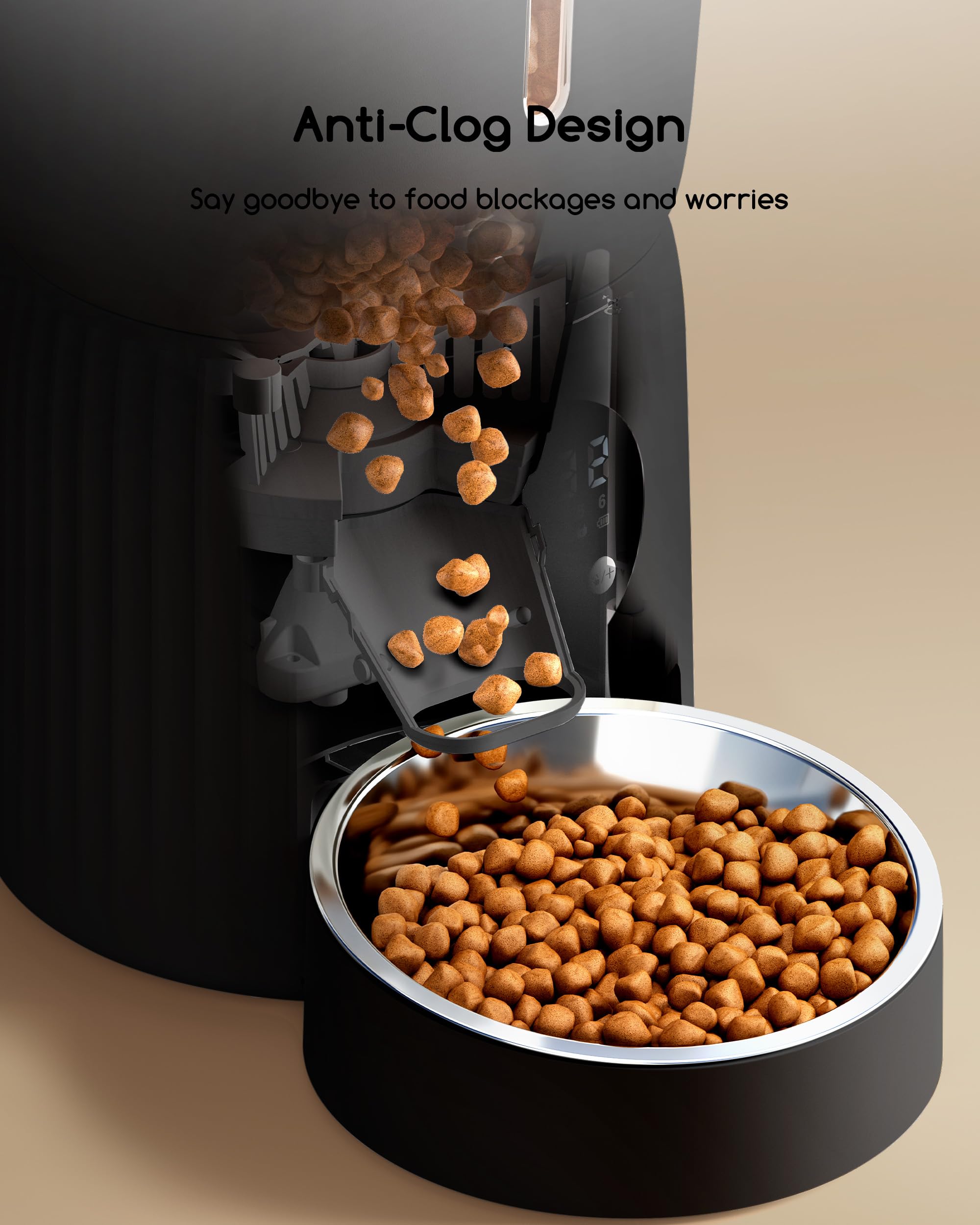 Faroro Automatic Cat Feeder, 4L Cat Food Dispenser with Portion Control, 1-6 Meals Per Day, 10s Voice Recording, Slow Feed, Dual Power Supply for Cats and Small Dogs (Black)