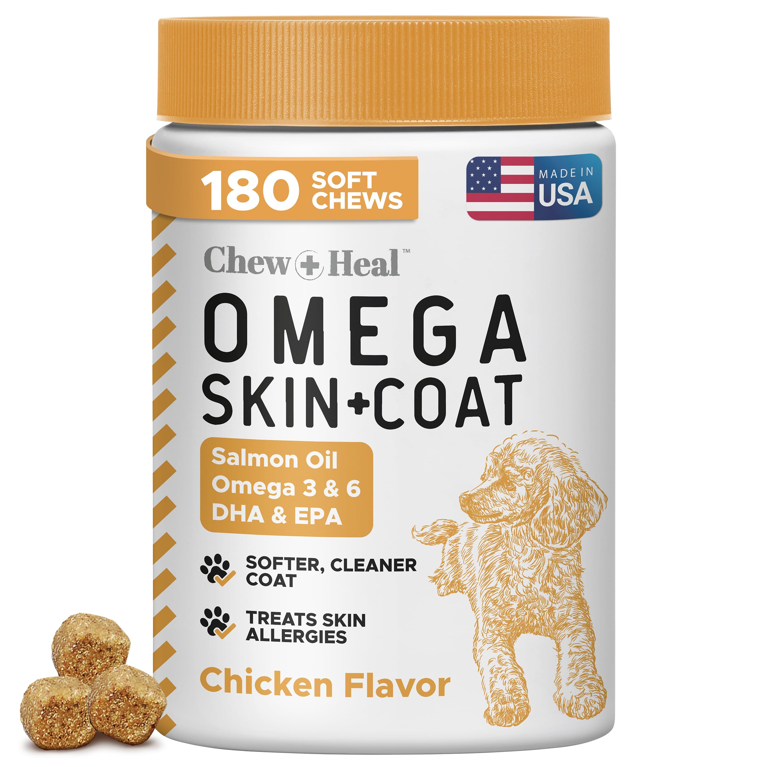 Omega 3 Fish Oil for Dogs, Chicken Flavor - 180 Skin and Coat Soft Chews