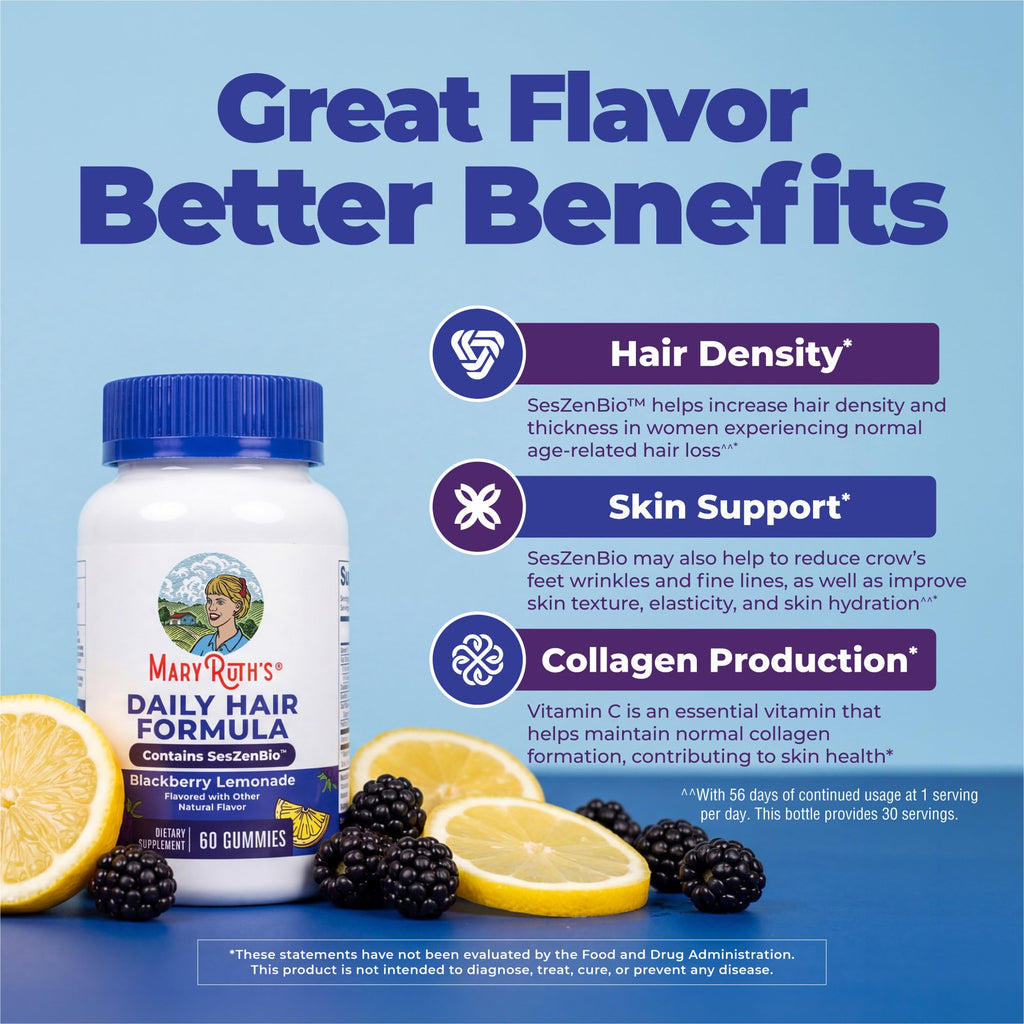 MaryRuth's Daily Hair Formula Gummies | with 500 mg SesZenBio + 2,500 mcg Biotin | Thicker, Denser Hair for Women | Vitamins A & C | Hair, Skin, & Nail Health | Collagen Production | 60 ct