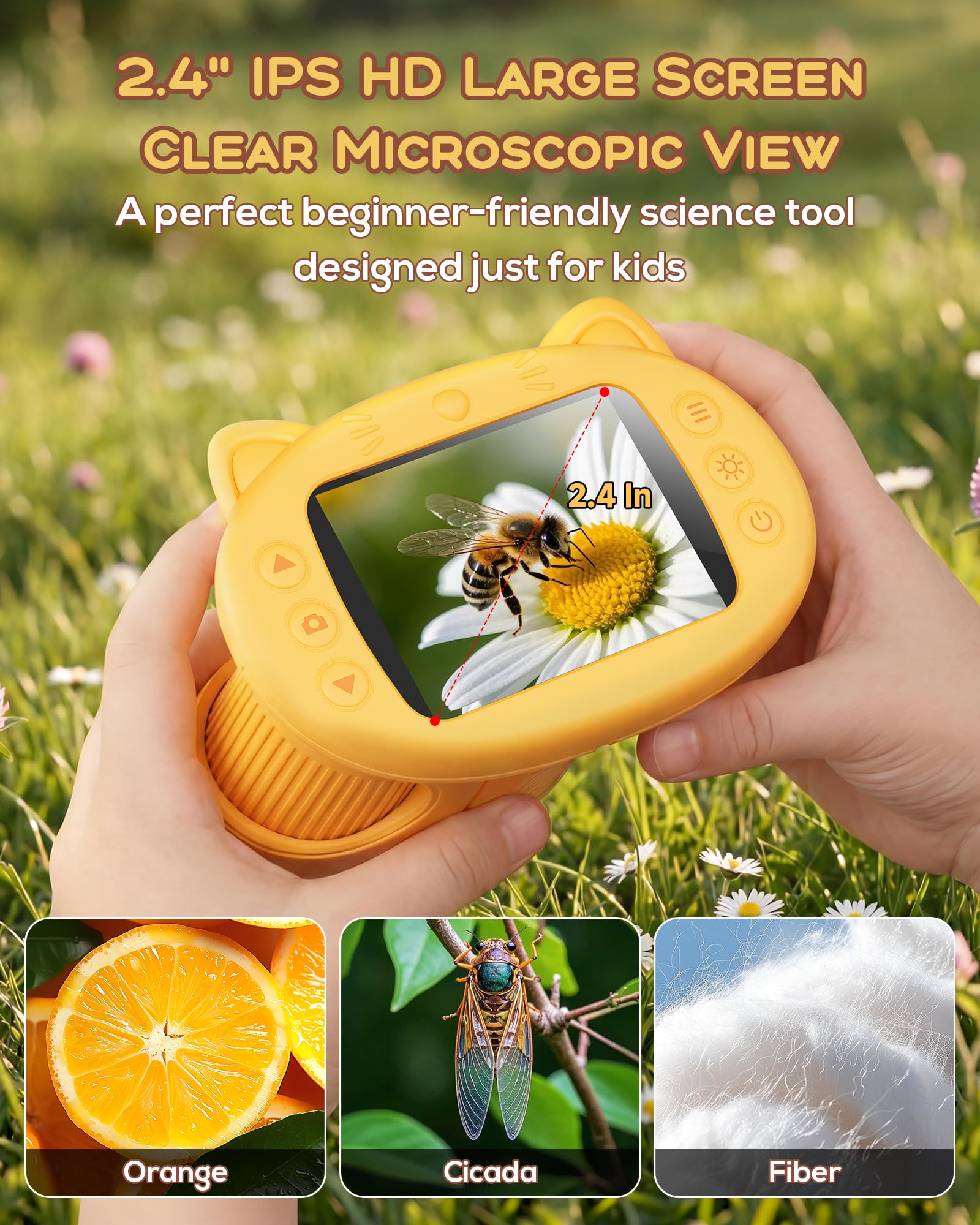 1000X Digital Microscope for Kids Handheld, 4K 2.4" IPS Screen Portable Mini Pocket Microscope 2MP Camera, STEM Educational Toy Birthday for Boys Girls Ages 3-6 6-12,Yellow