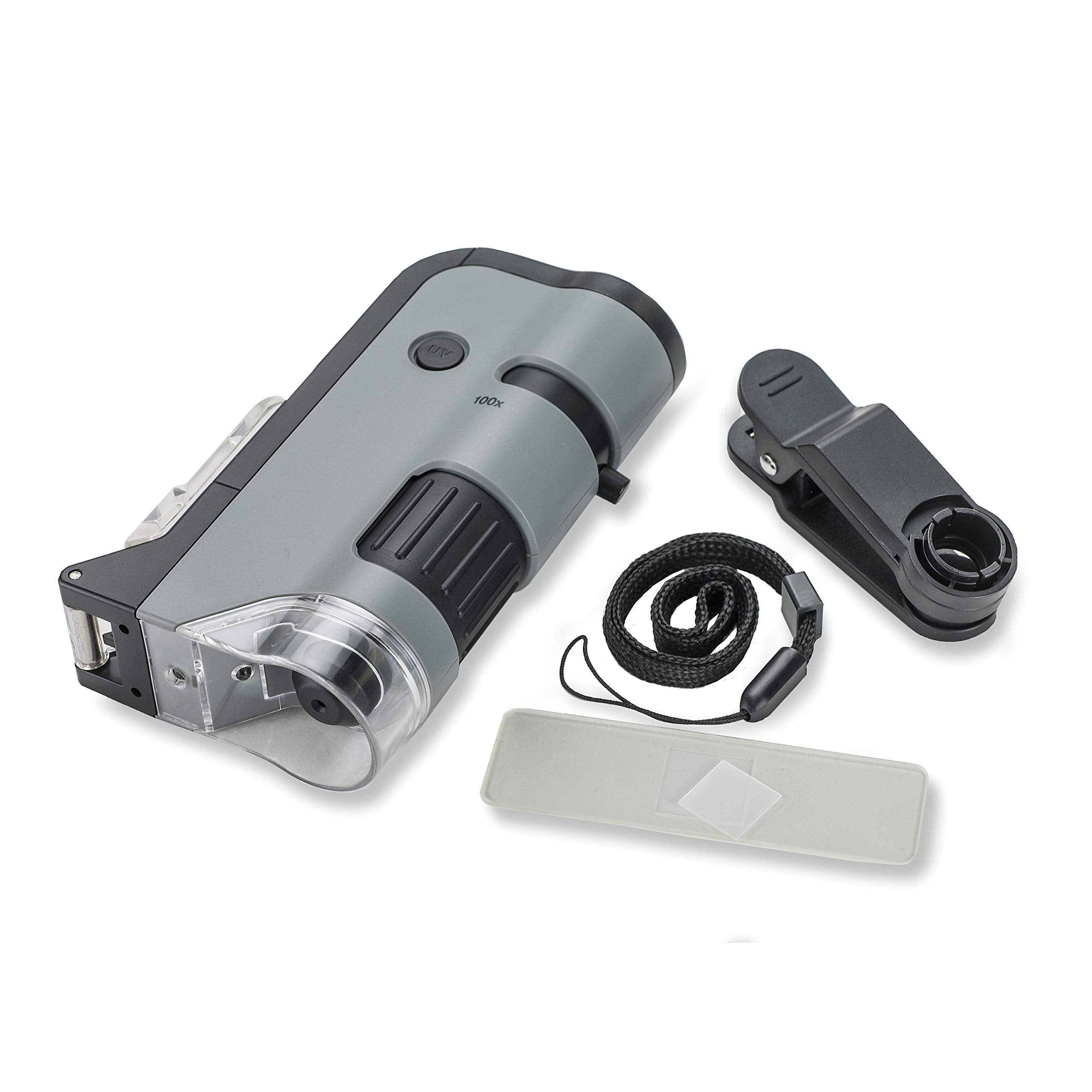 Carson MicroFlip 100x-250x LED and UV Lighted Pocket Microscope with Flip Down Slide Base and Adapter with CarsonCam Phone App - Bundle Included with 24 Prepared Insect and Animal Slides (MP-250BUN)