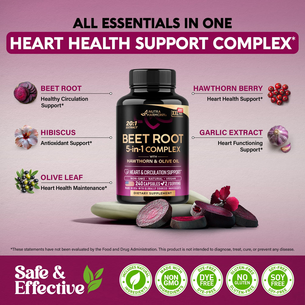 Beet Root 5-in-1 Complex Capsules - Healthy Blood Pressure Support Supplement** for Heart & Circulation Support - with Hawthorn Berry, Hibiscus & Garlic - for Men & Women - Lab Tested, 240 Capsules