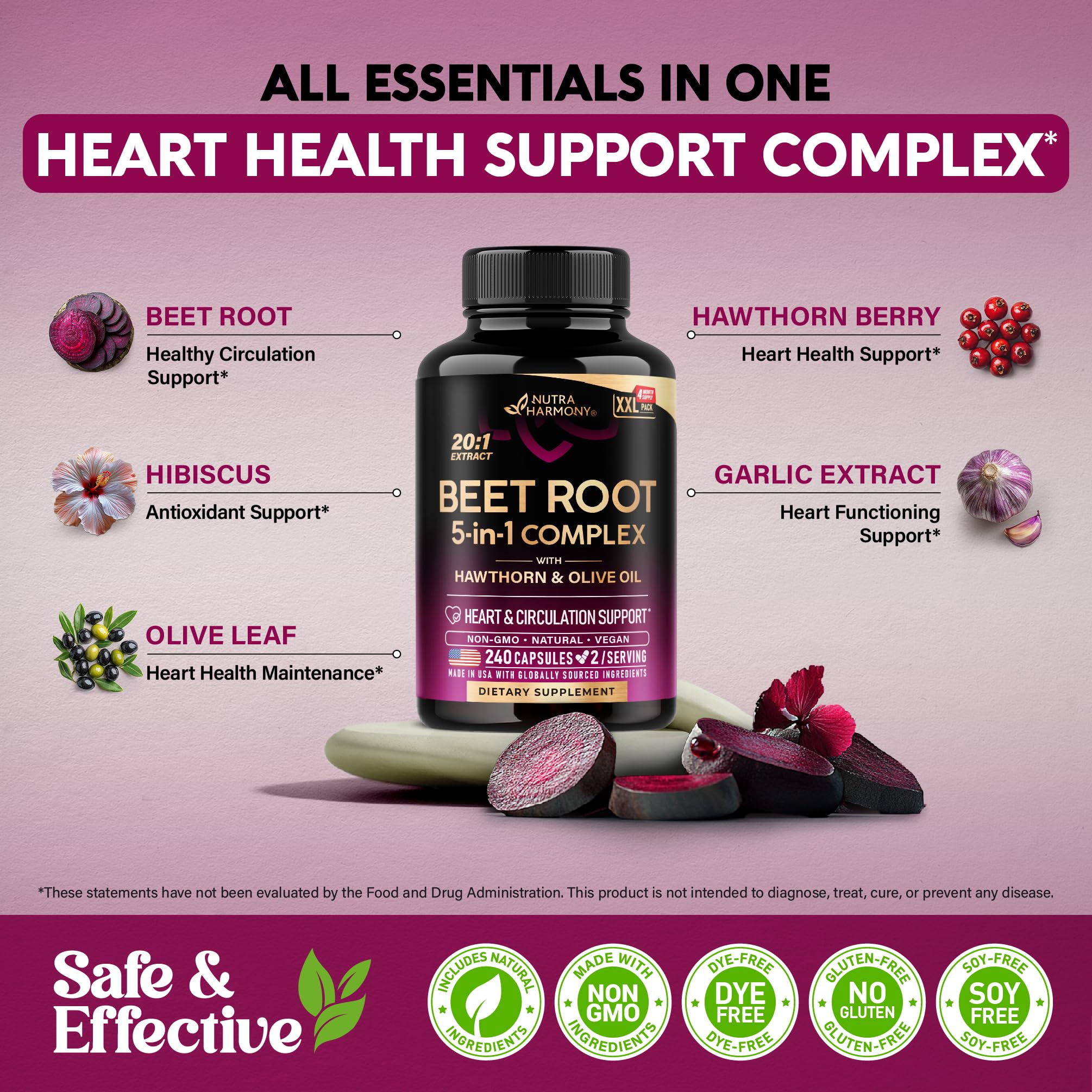 Beet Root 5-in-1 Complex Capsules - Healthy Blood Pressure Support Supplement** for Heart & Circulation Support - with Hawthorn Berry, Hibiscus & Garlic - for Men & Women - Lab Tested, 240 Capsules