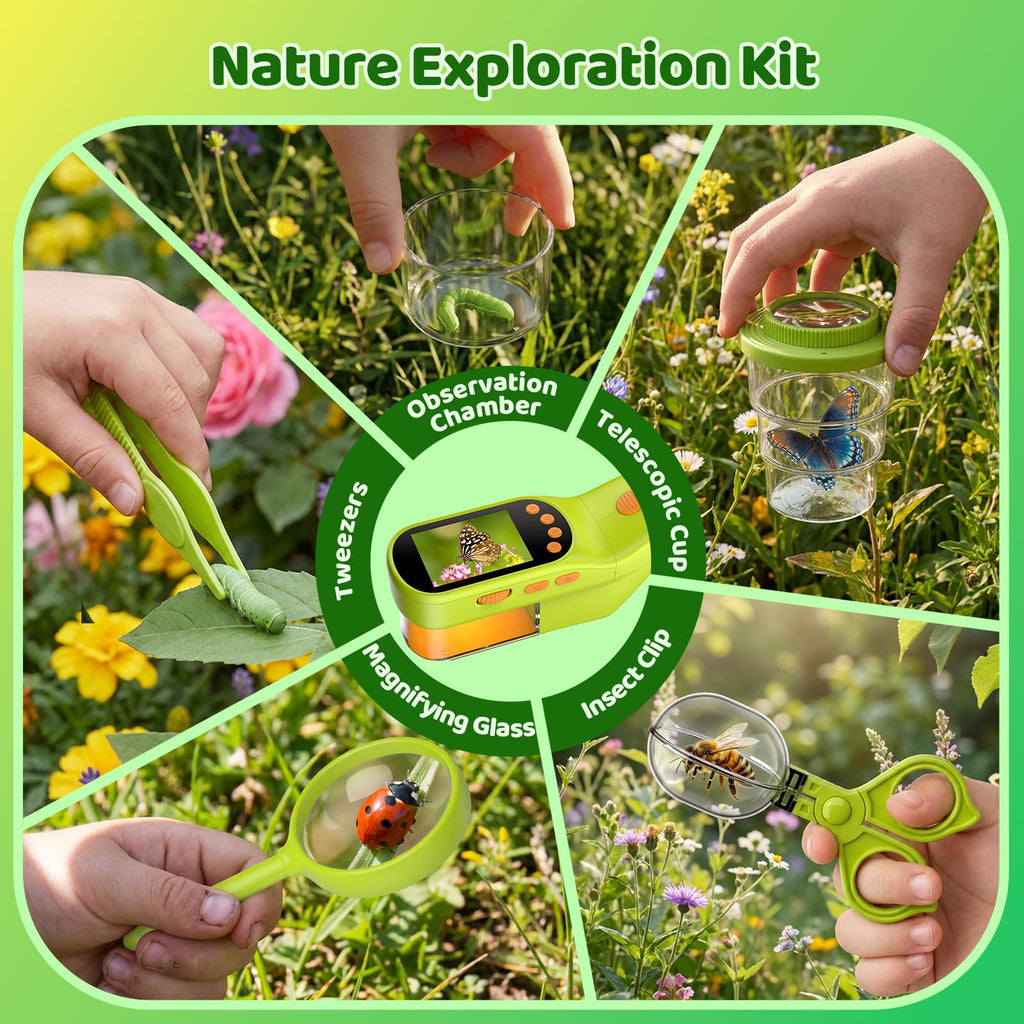 Handheld Microscope for Kids, Outdoor Explorer STEM Toy with Bonus Tools, 2.4" IPS Screen, Ergonomic Grip, Digital Camera, Photo/Video, Magnifier, Science Kit – Gift for Boys & Girls Age 3-12