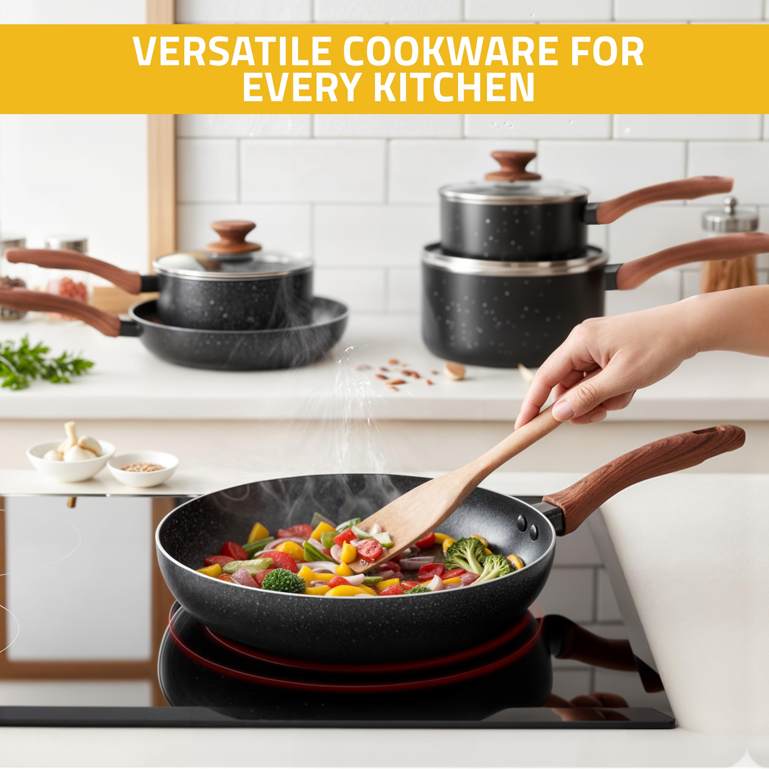 KICHLY Granite Pots and Pans Cookware Set 8 Piece PFOA-Free