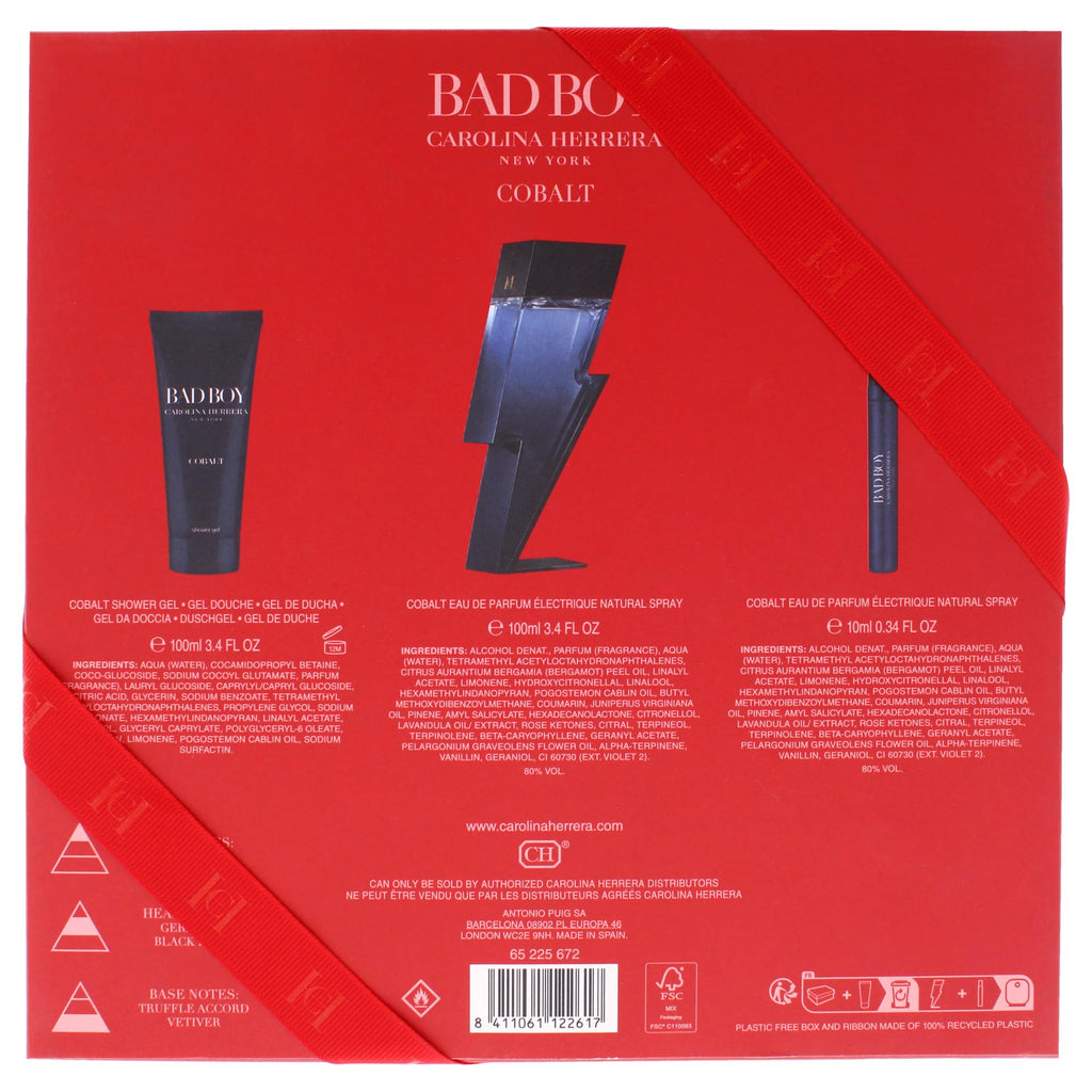 Carolina Herrera Bad Boy Cobalt 3-Piece Gift Set for Men, (Eau De Parfum 3.4 oz + Shower Gel 3.4 oz + Travel Spray 0.34 oz) – Limited Edition