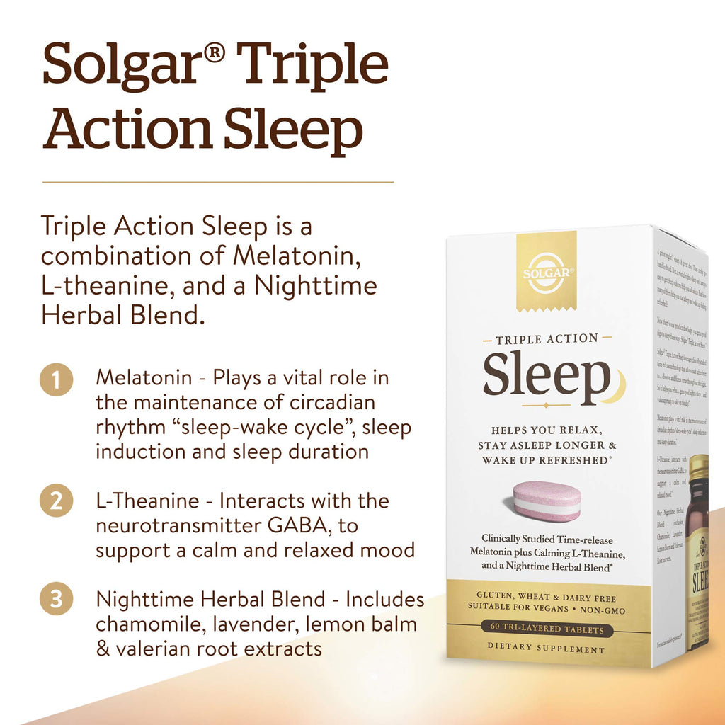 Solgar Triple Action Sleep, 60 Tri-Layer Tablets - Time-Release Melatonin & L-Theanine Plus Herbal Blend - Helps You Relax - Non-GMO, Gluten Free - 60 Servings