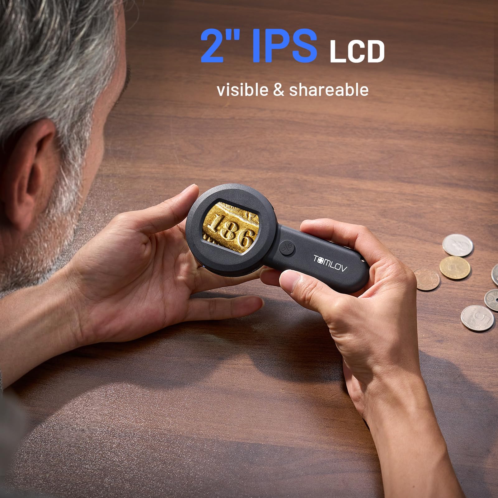 TOMLOV P10 Microscope for Adults Kids, Handheld Coin Magnifier with Light for Error Coins, Portable Trichome Magnifying Glass 100X, Collector Pocket Jewelers Loupe, Digital Microscope with 2" Screen