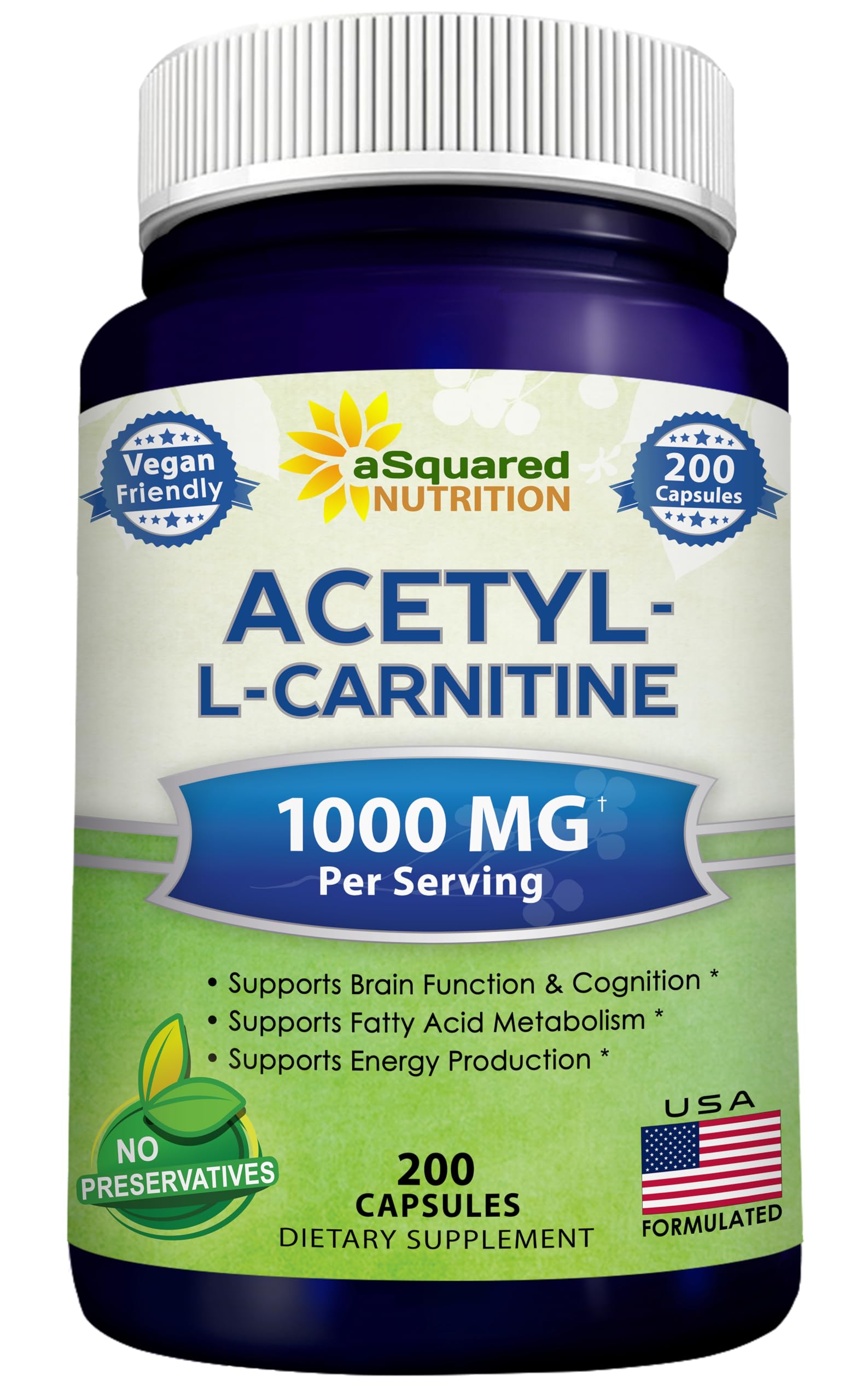 aSquared Nutrition Acetyl L-Carnitine 1000mg Per Serving Max Strength - 200 Veggie Capsules - High Dosage Acetyl L Carnitine HCL (ALCAR) Supplement Pills to Support Pure Energy, Brain Function
