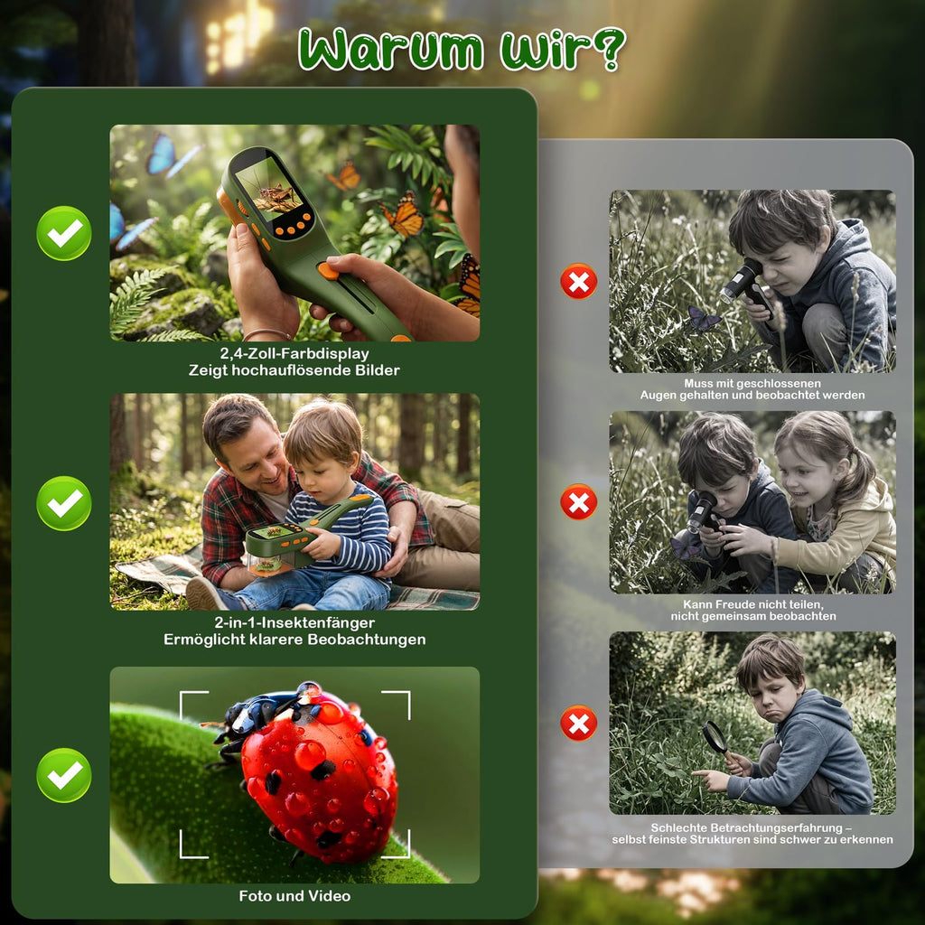 CIMELR Bug Catcher for Kids with 2.4" Screen, 500X Digital Microscope, 1080P Photo/Video, 1000mAh Battery, 8 LED, PC Real-Time Imaging, STEM Nature Toy & Gift for Boys Girls Ages 3-12