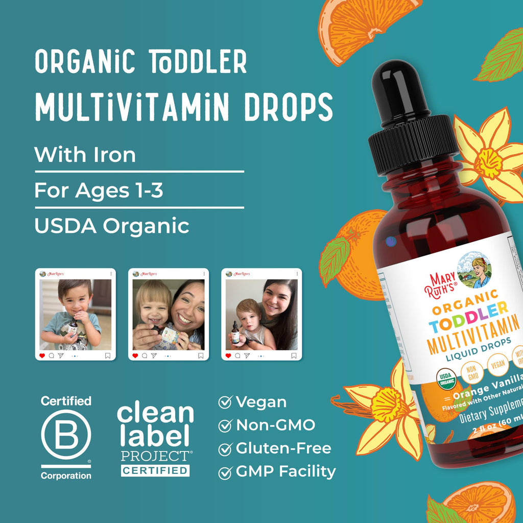 MARYRUTH'S Organic Toddler Multivitamin Drops with Iron, Vegan, 30 Servings