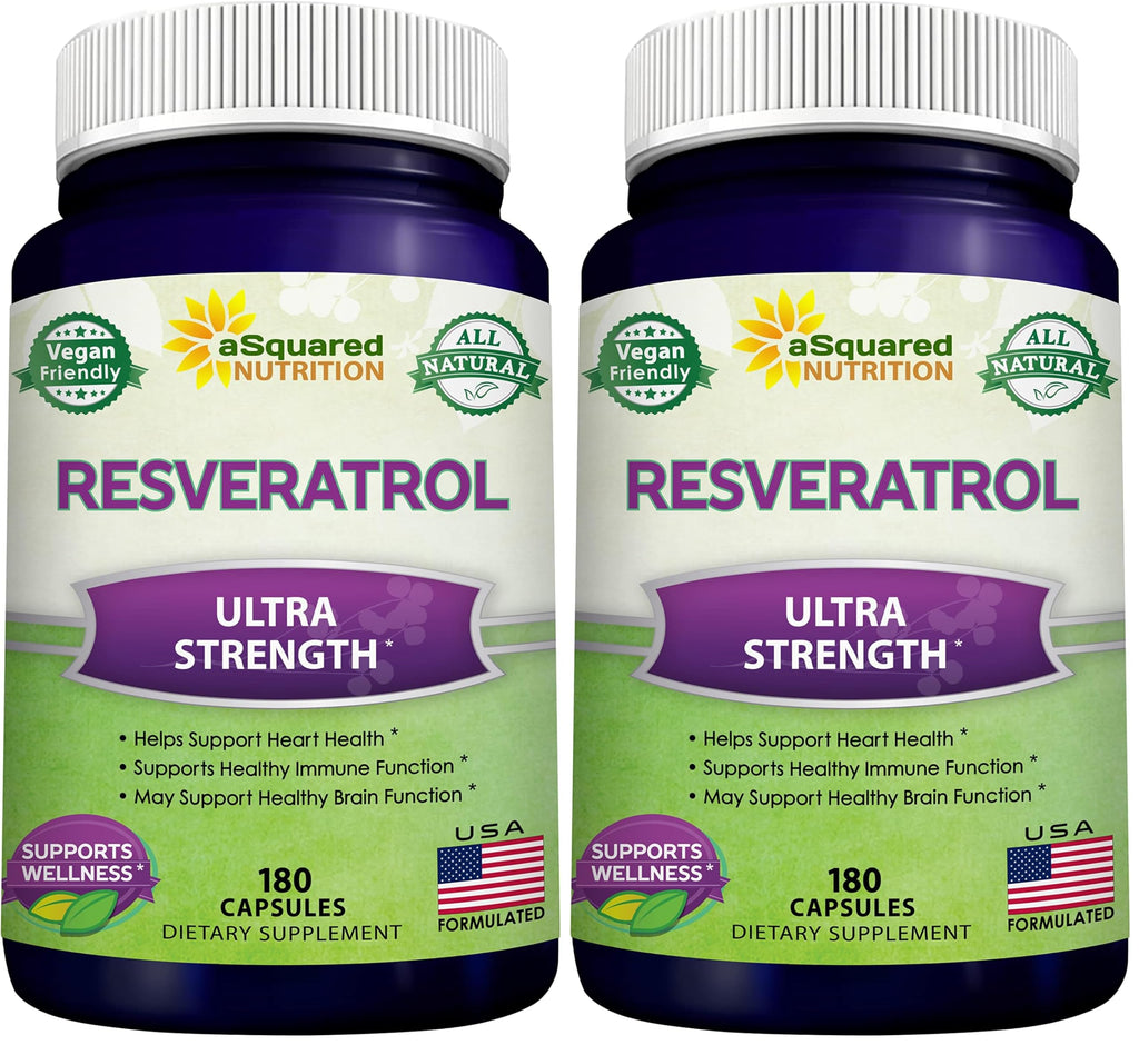 100% Natural Resveratrol - 1000mg Per Serving Max Strength (180 Capsules) Antioxidant Supplement, Trans-Resveratrol Pills for Heart Health & Pure, Polyphenols (Pack of 2)