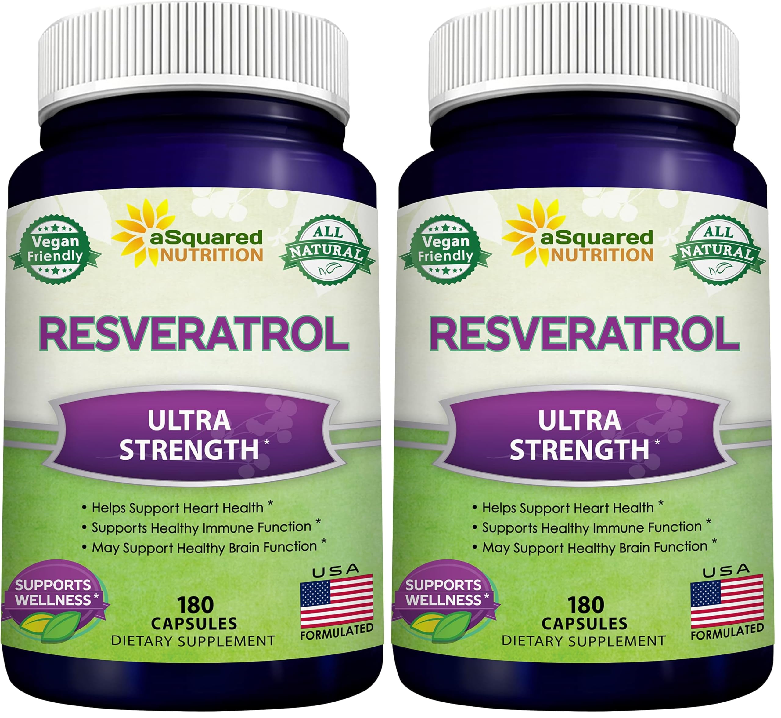 100% Natural Resveratrol - 1000mg Per Serving Max Strength (180 Capsules) Antioxidant Supplement, Trans-Resveratrol Pills for Heart Health & Pure, Polyphenols (Pack of 2)