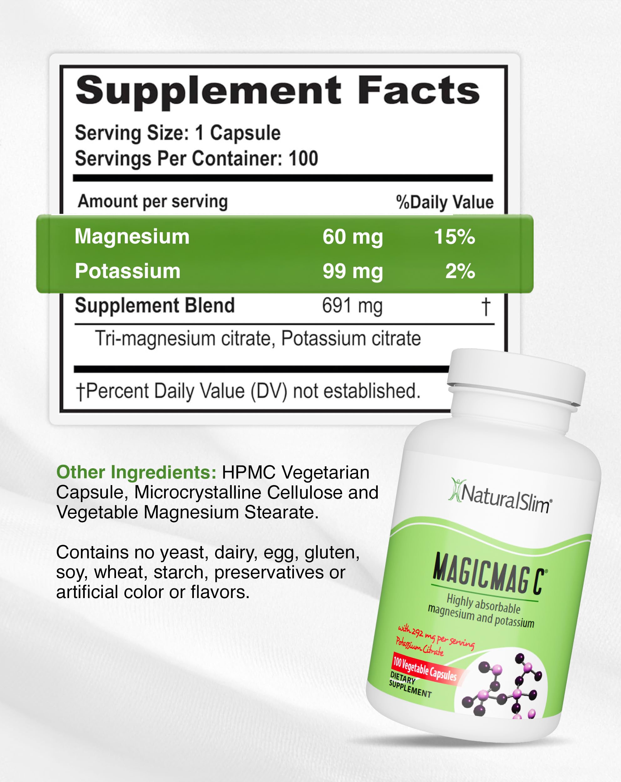 MagicMag C by NaturalSlim, Magnesium Citrate Capsules for Muscle Relaxation, Sleep Quality, Nerve Function & Electrolyte Support, Daily Magnesium Supplement for Men and Women, 100 Capsules 2 pack.