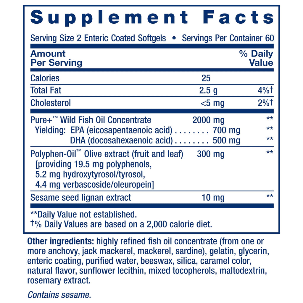 Life Extension Super Omega-3 EPA/DHA Fish Oil, Sesame Lignans & Olive Extract – Heart Health, Brain Health, Inflammation Health Support, Gluten-Free, Enteric-Coated, Non-GMO, 120 Softgels