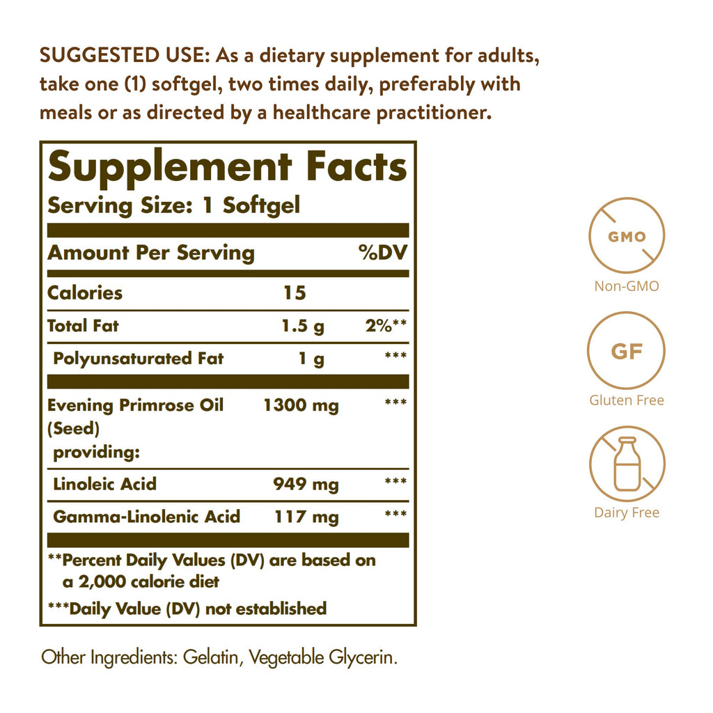 Solgar Evening Primrose Oil 1300 mg, 60 Softgels - Promotes Healthy Skin - Nutritional Support for Women - Non-GMO, Gluten Free, Dairy Free - 60 Servings