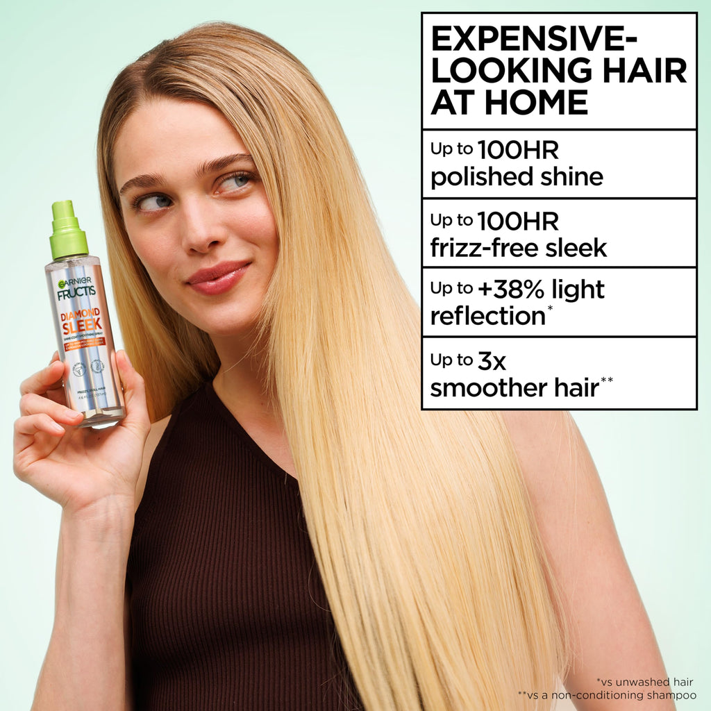 Garnier Fructis Diamond Sleek Hair Shine Spray, Up to 100-Hour Frizz Control, Heat Protectant up to 450°F with Vegan Keratin Smoothing Complex and Argan Oil for Frizzy, Dry, Dull Hair, 4.6 Fl Oz