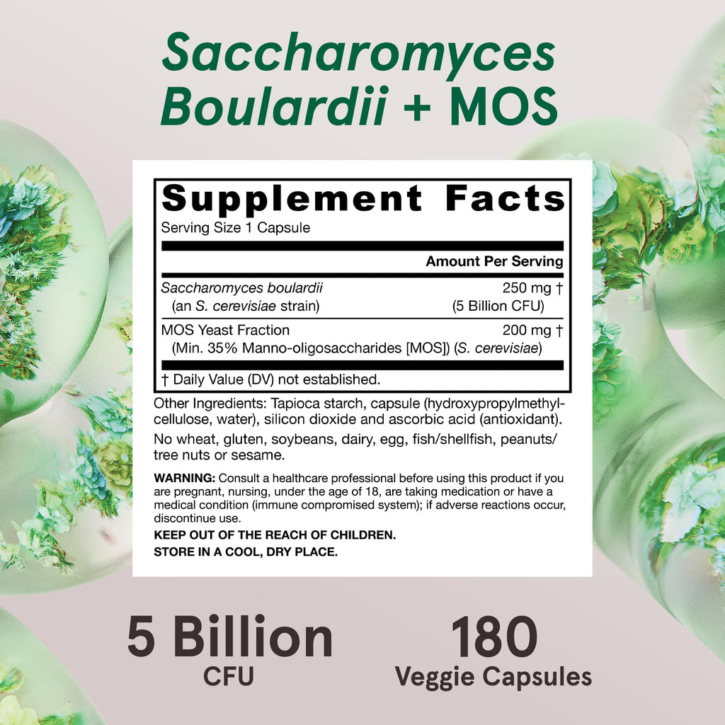 Jarrow Formulas Saccharomyces Boulardii Probiotics + MOS 5 Billion CFU Probiotic Yeast for Intestinal Health Support Gut Health Supplements for Women & Men 180 Veggie Caps, 180 Day Supply,Pack of 12