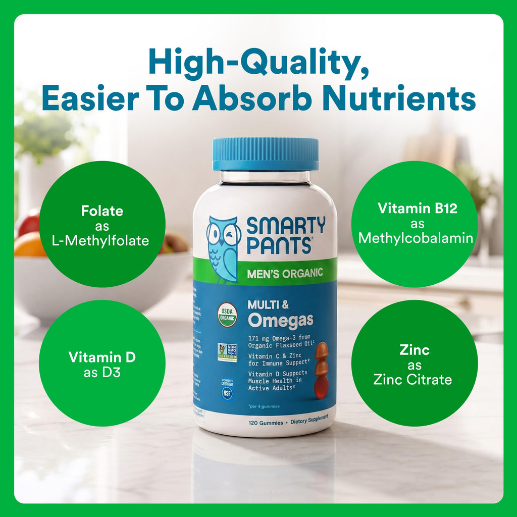 SmartyPants Multivitamin for Men, Organic Gummies: Methylfolate, Omega 3 (ALA), Vitamin D3, C, Vitamin B12, B6, A, K & Zinc for Immune Support, Biotin, Vegetarian, 120 Gummies (30 Day Supply)
