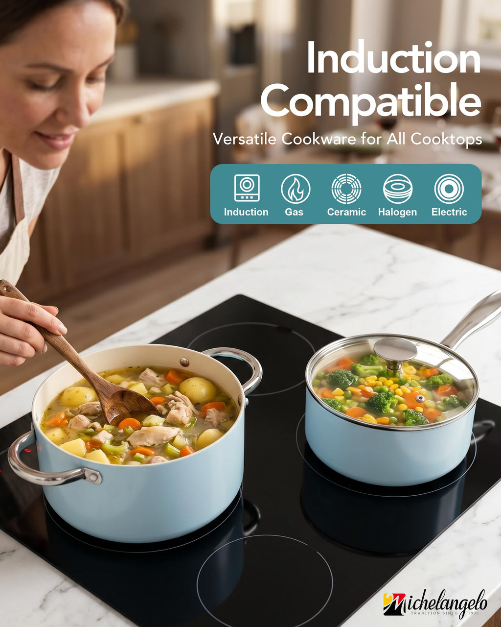 MICHELANGELO Pots and Pans Set Non Stick, 8-Piece Ti-infused Ceramic Cookware Set with Silicone Utensils - Induction Compatible, Oven Safe, PFOA-Free, Blue