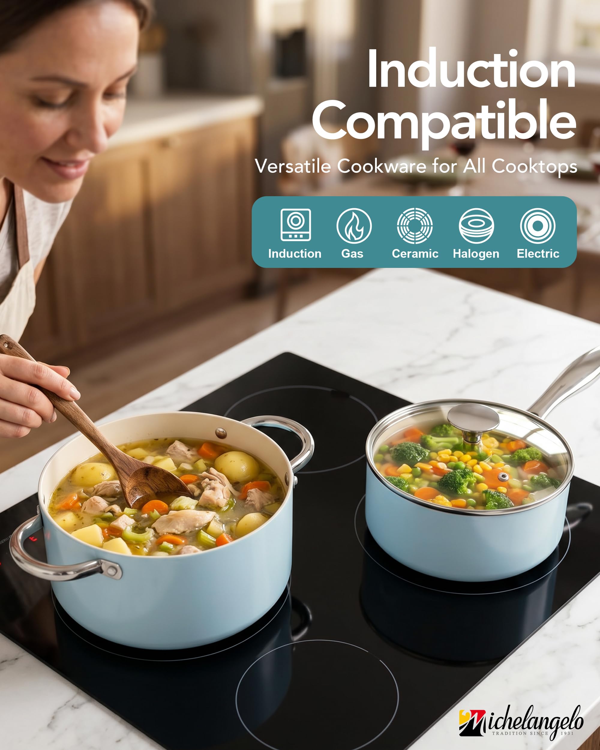 MICHELANGELO Pots and Pans Set Non Stick, 8-Piece Ti-infused Ceramic Cookware Set with Silicone Utensils - Induction Compatible, Oven Safe, PFOA-Free, Blue