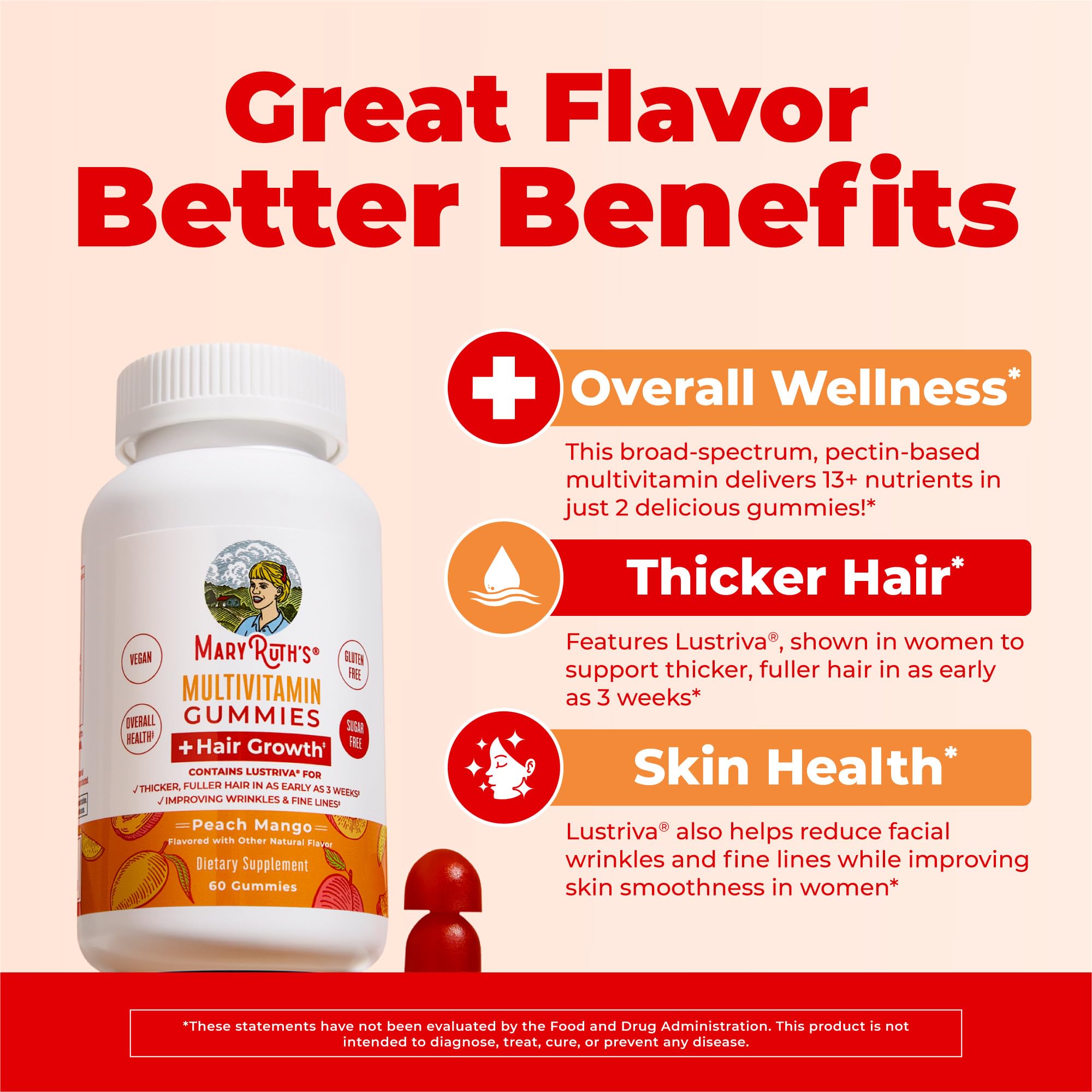 MaryRuth's Multivitamin + Hair Growth Gummies, Thicker Hair, 30 Servings