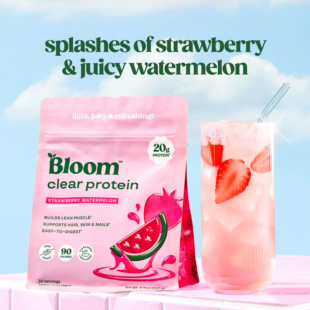 Bloom Clear Protein, Whey Protein Isolate with Collagen Peptides and Digestive Enzymes, 20g Protein, Sugar Free Post Workout Drink Mix, 90 Calories, Strawberry Watermelon, 10 Servings