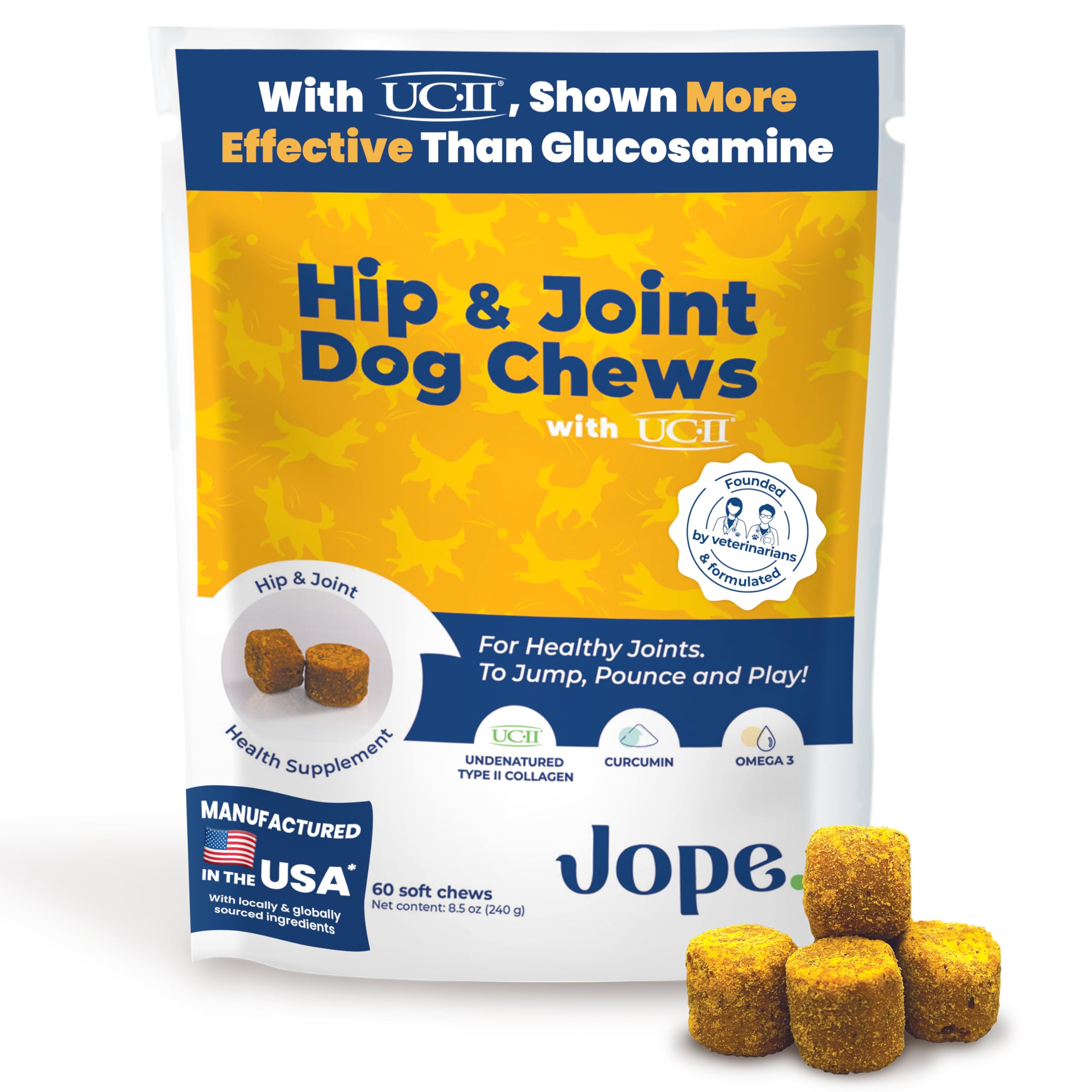 Jope Hip & Joint Supplement for Dogs Large, Medium, Small - Joint Chews w/UC-II® Collagen - Proven Better Than Glucosamine Chondroitin in Canine Health - Veterinarian Formulated, Omega 3 & Curcumin