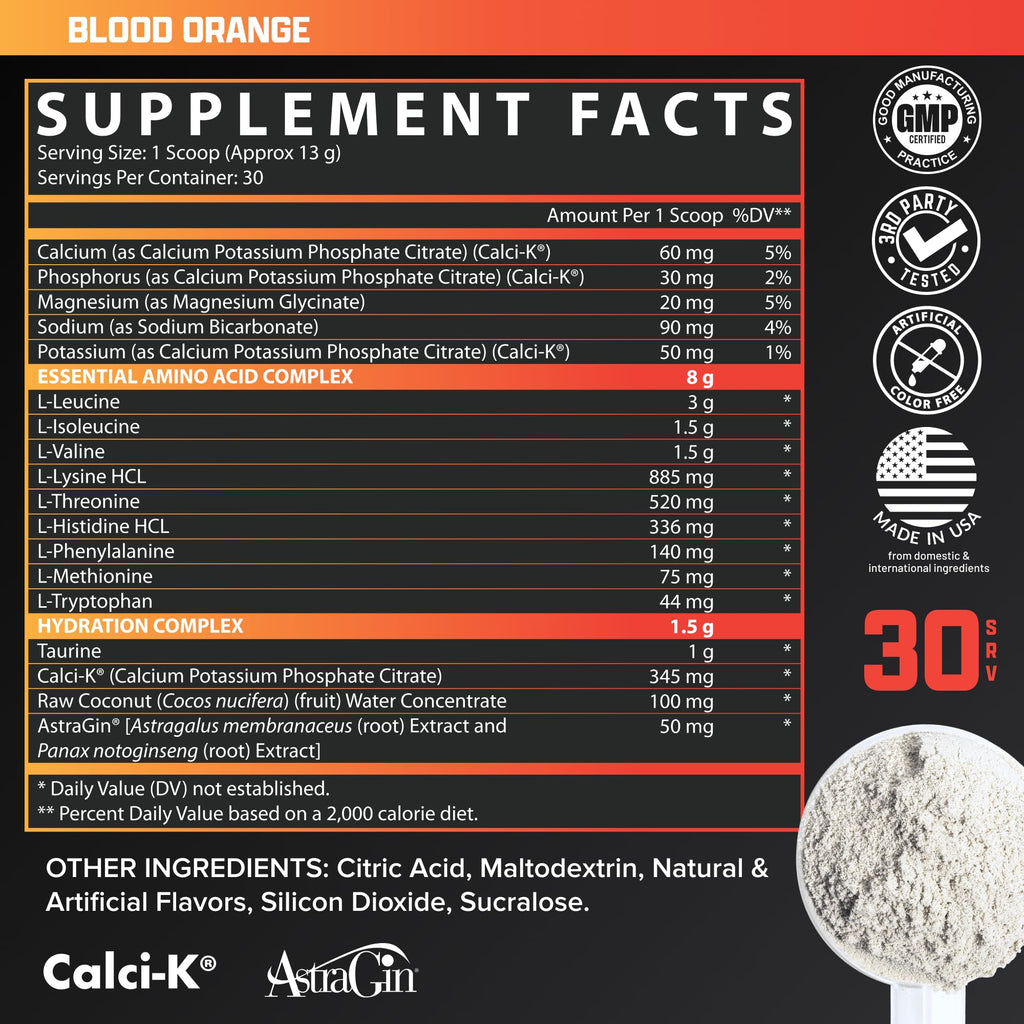 Nutrex Research EAA Hydration | EAAs + BCAAs Powder | Muscle Recovery, Strength, Muscle Building, Endurance | 8G Essential Amino Acids + Electrolytes | Blood Orange Flavor 30 Serving
