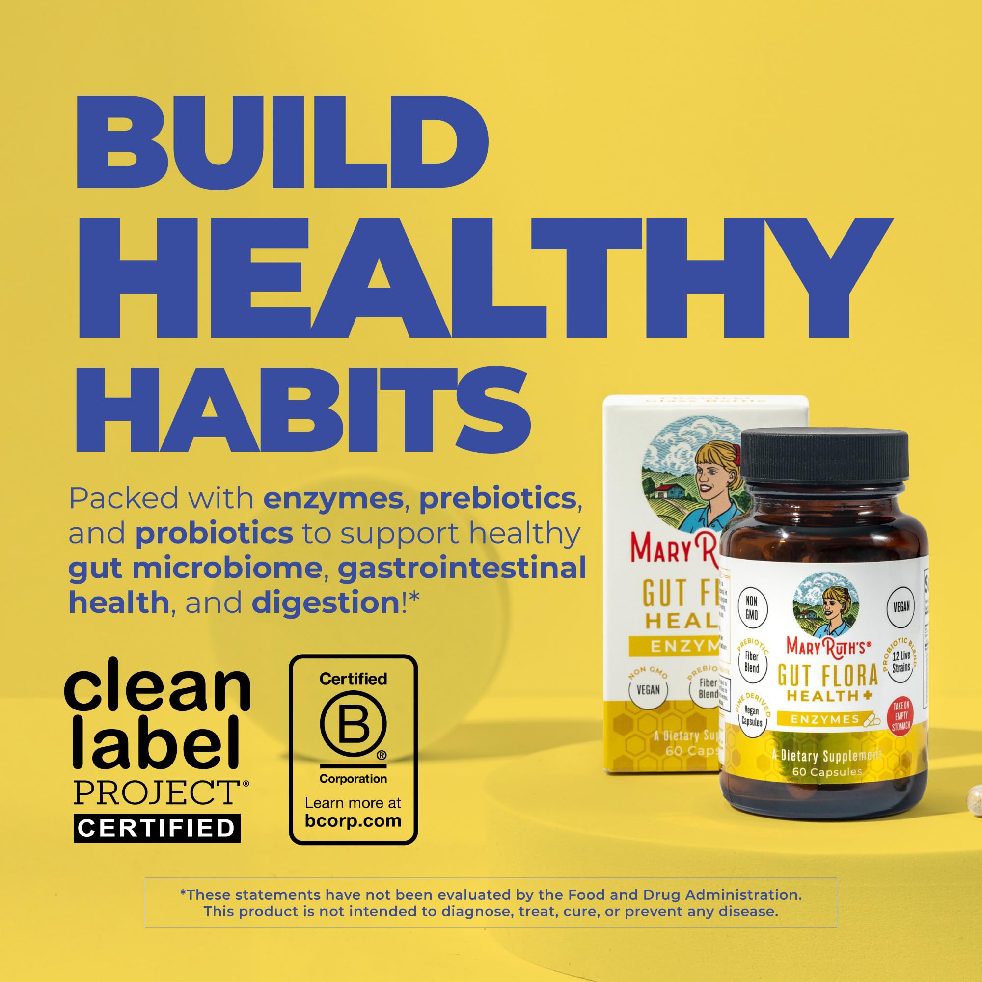 MARYRUTH'S Gut Flora Health+ Enzymes, Gastrointestinal Health, 60 Capsules