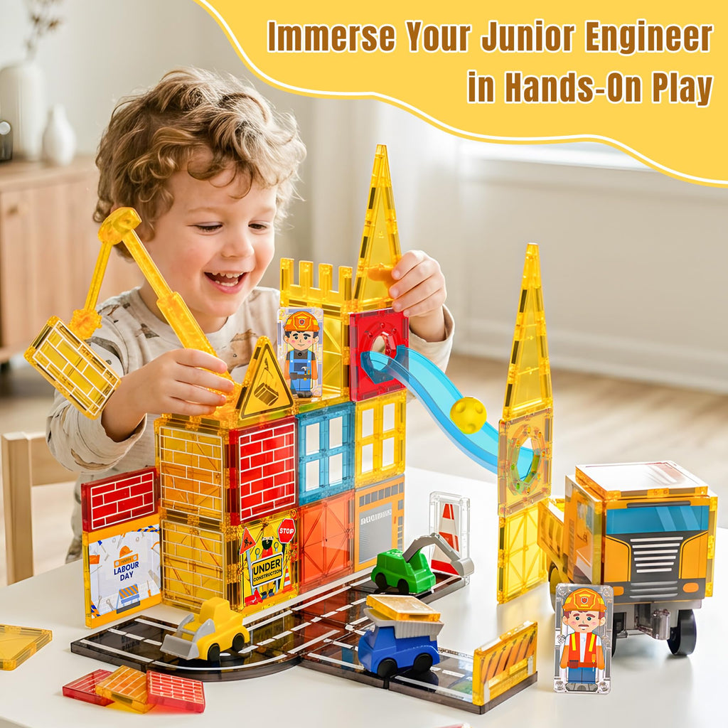 Magnetic Tiles for Kids Ages 4-8 Construction Toys with Crane Marble Run