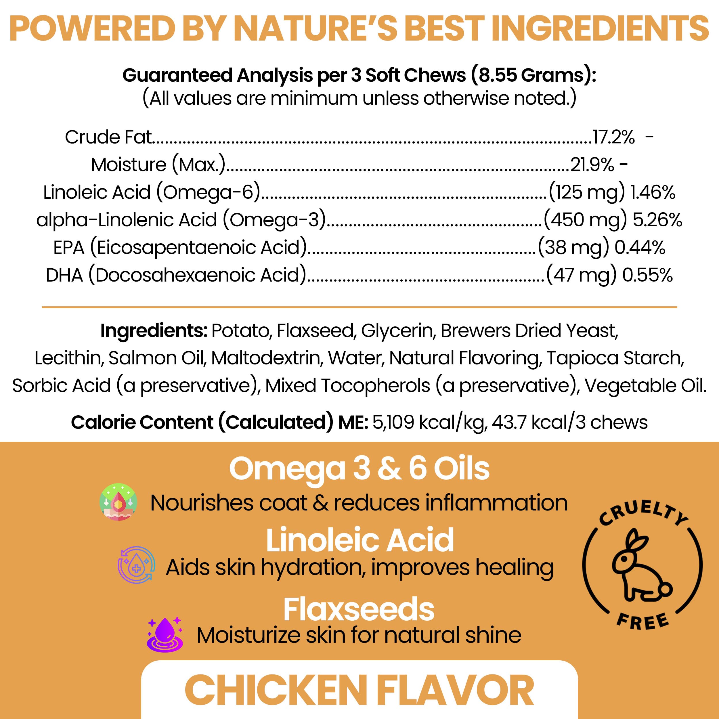 Omega 3 Fish Oil for Dogs, Chicken Flavor - 180 Skin and Coat Soft Chews