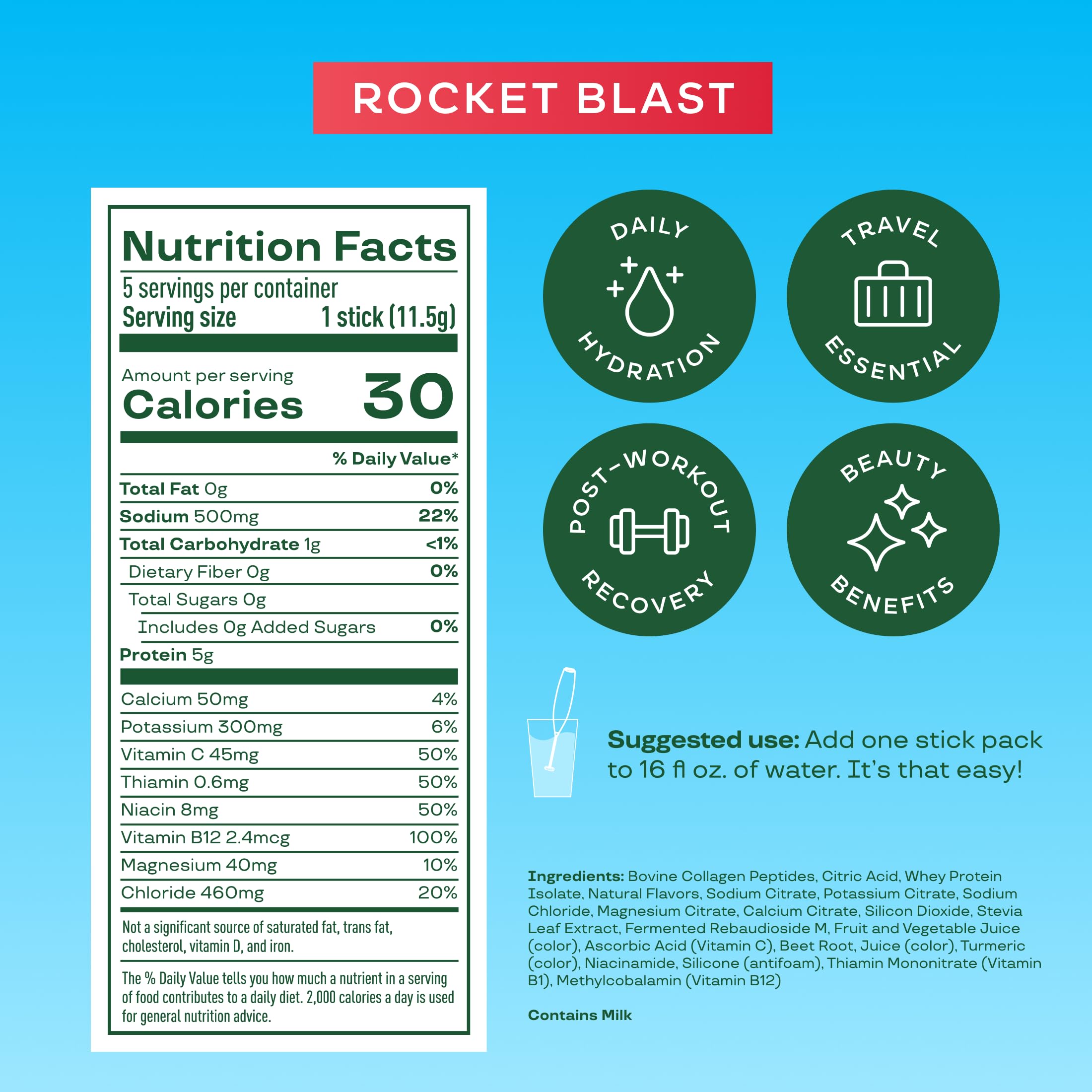 Bloom Daily Hydration Electrolyte Powder Packets with Collagen, 5g Protein, Electrolytes, Vitamins & Minerals, Sugar Free Drink Mix, Rocket Blast, 5 Count