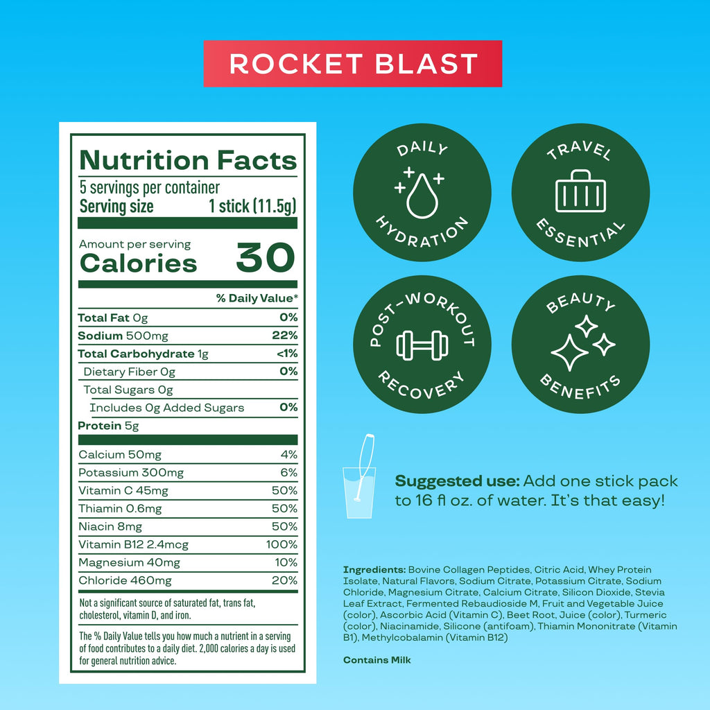 Bloom Daily Hydration Electrolyte Powder Packets with Collagen, 5g Protein, Electrolytes, Vitamins & Minerals, Sugar Free Drink Mix, Rocket Blast, 5 Count (Pack of 2)
