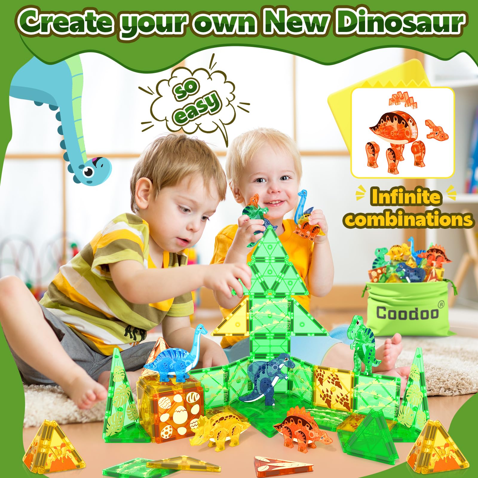 Dinosaur Toys Magnetic Tiles 3D Movable Dinos for Kids 3-5 5-7 Toddler Toy