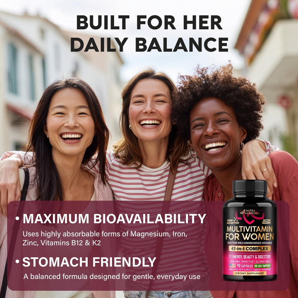 Multivitamin for Women - B-Complex | Whole Foods | Hair Growth Support | Digestion & Metabolism | Iron - 47in1 Womens Multivitamin - Bioavailable & Gentle on Stomach - 90 Capsules, 3 Month Supply