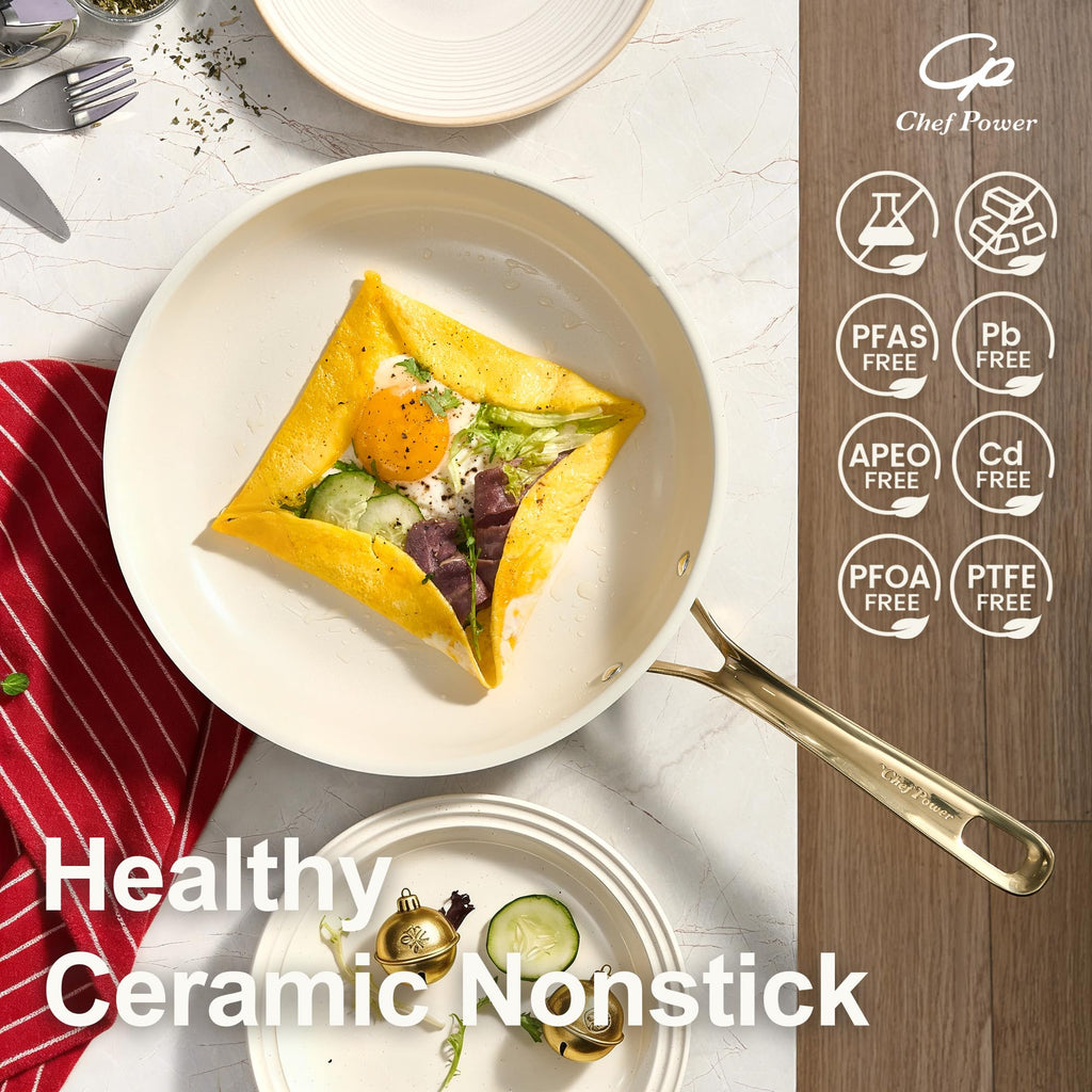 Chef Power Ceramic Frying Pan with Stainless Steel handle 5Pcs Set, Non Stick Grill Pan Set, Dishwasher and Oven Safe, Cream White and Light Gold Handle