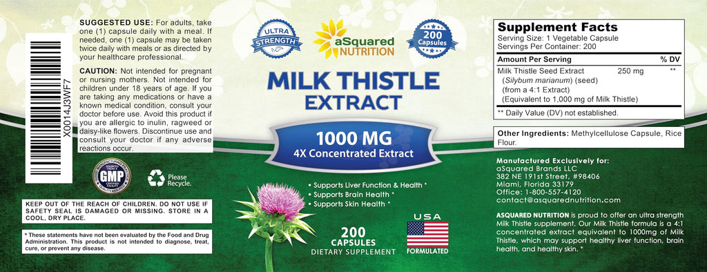 aSquared Nutrition Milk Thistle Supplement - 200 Capsules, 4X Concentrated Extract 4:1 Milk Thistle Seed Powder Herb Pills, Silymarin Extract for Liver Support, Cleanse, Detox - 250mg Per Capsule