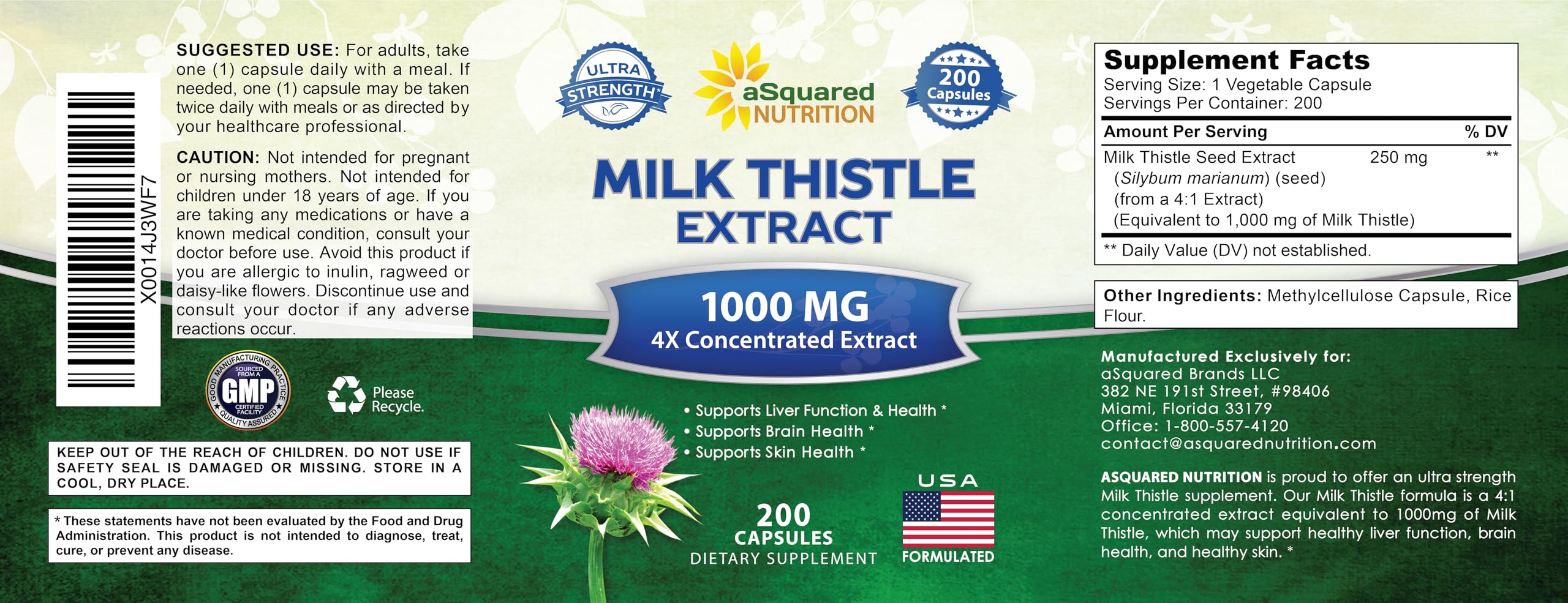 aSquared Nutrition Milk Thistle Supplement - 200 Capsules, 4X Concentrated Extract 4:1 Milk Thistle Seed Powder Herb Pills, Silymarin Extract for Liver Support, Cleanse, Detox - 250mg Per Capsule