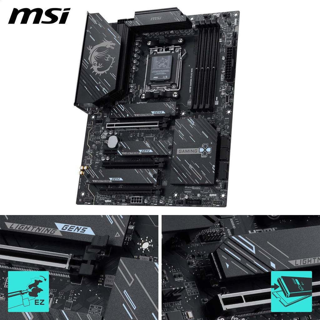 MSI X870E Gaming Plus WiFi Motherboard, ATX - Supports AMD Ryzen 9000/8000 / 7000 Processors, AM5-60A SPS VRM, DDR5 Memory Boost 8200+ MT/s (OC), PCIe 5.0 x16 & 4.0 x4, M.2 Gen5, Wi-Fi 7, 5G LAN