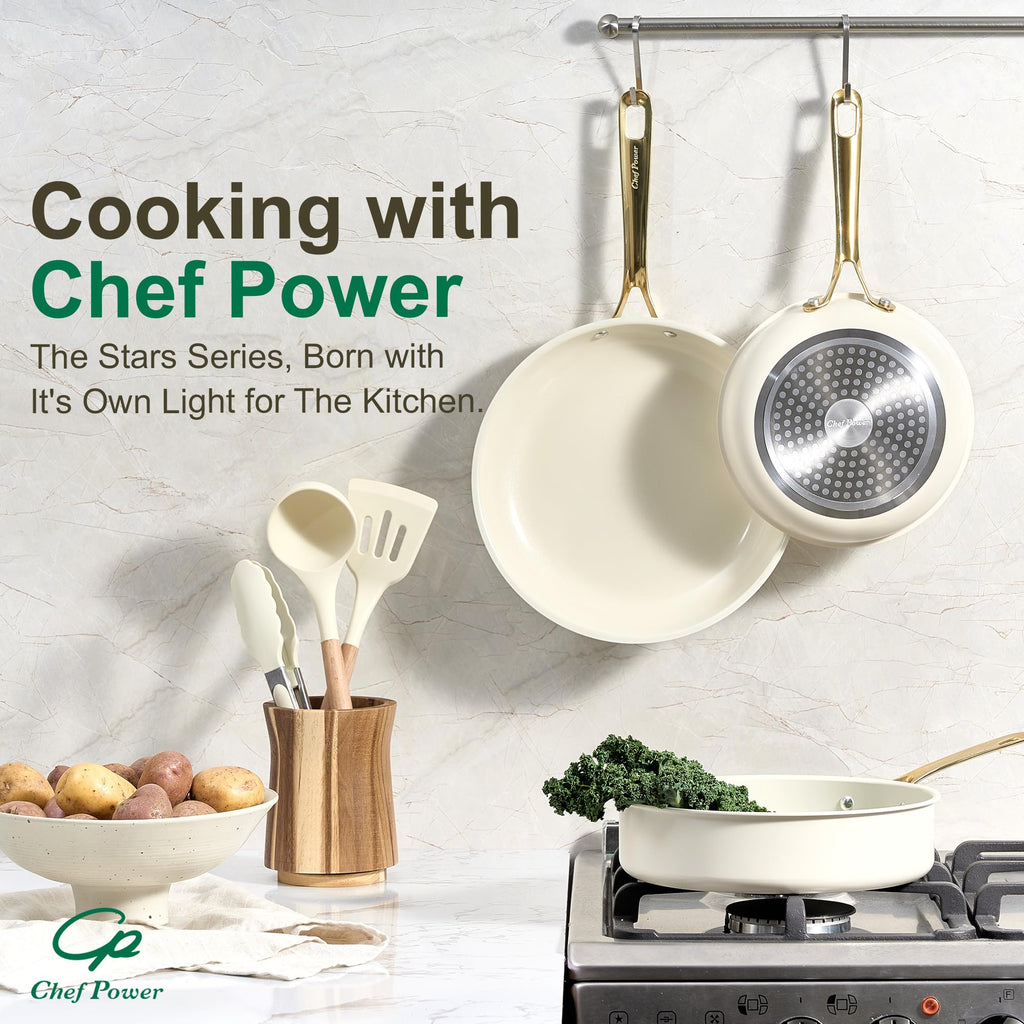 Chef Power Ceramic Frying Pan with Stainless Steel handle 5Pcs Set, Non Stick Grill Pan Set, Dishwasher and Oven Safe, Cream White and Light Gold Handle