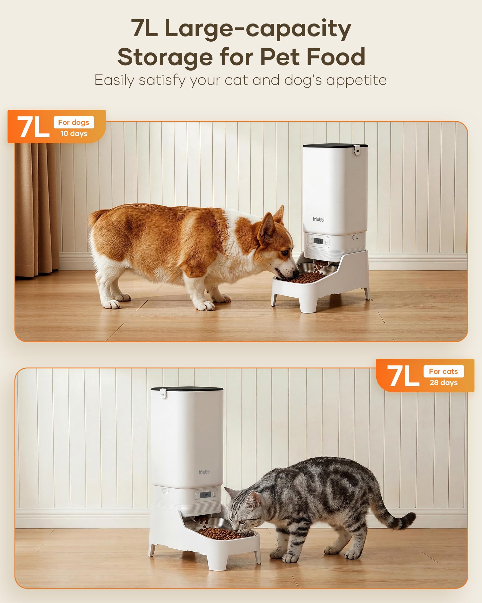 MUBBI Automatic Dog Feeder with Elevated Stand - 7L Cat Food Dispenser with Large Food Tray, Timed Auto Cat Feeder for Dry Food, 6 Meals Per Day, No-Jam, Freshness Design, Detachable for Easy Clean