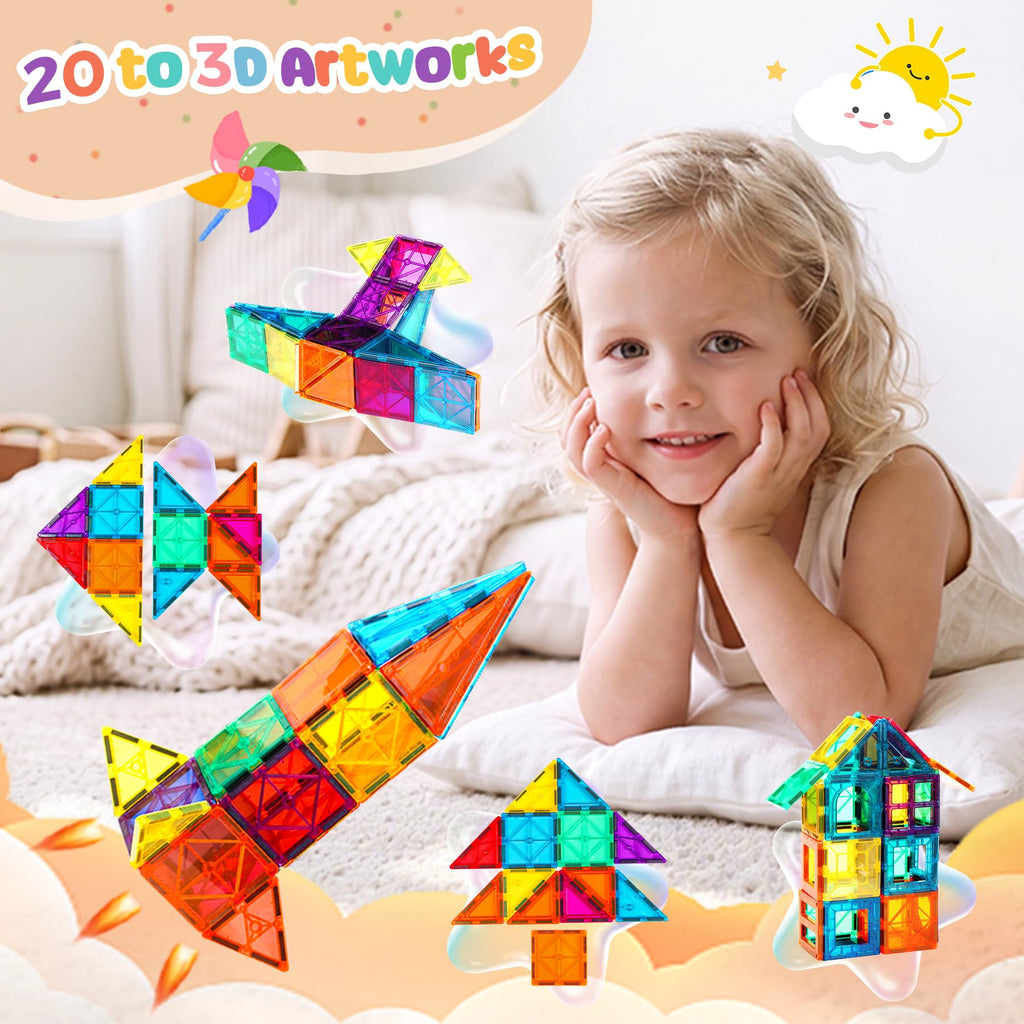 FNJO Magnetic Tiles, 110PCS Magnet Building Set, Magnetic Building Blocks, Construction STEM Learning and Playing Toys for Kids, Montessori Toy for Preschool Boys Girls