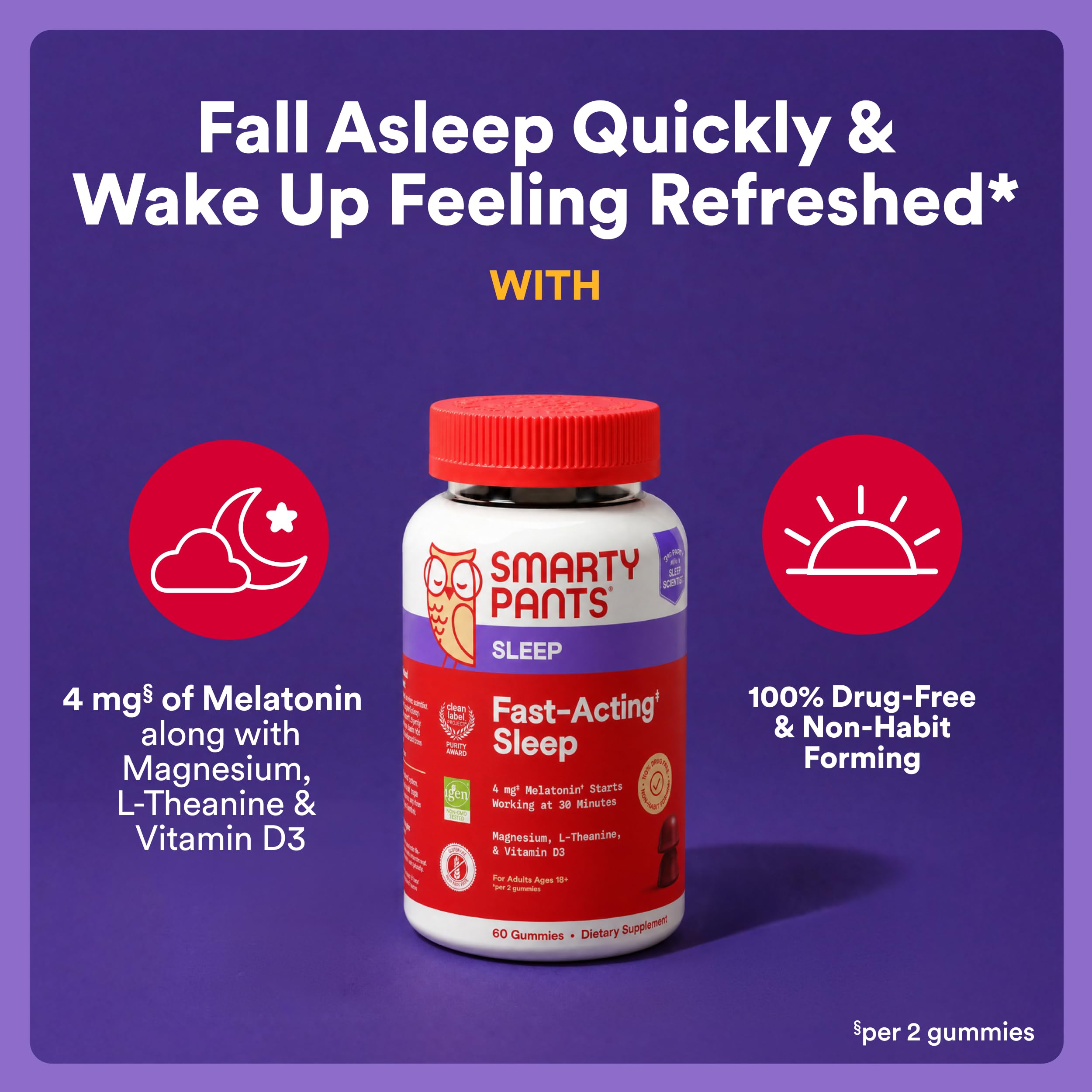 SmartyPants Adult Fast-Acting Sleep Gummies w/Melatonin, Magnesium, L-Theanine, Drug-Free, Gluten Free, Clean Label, Non-Habit Forming Sleep Aid, Blueberry BlackBerry Flavor, 60 Count (30 Day Supply)