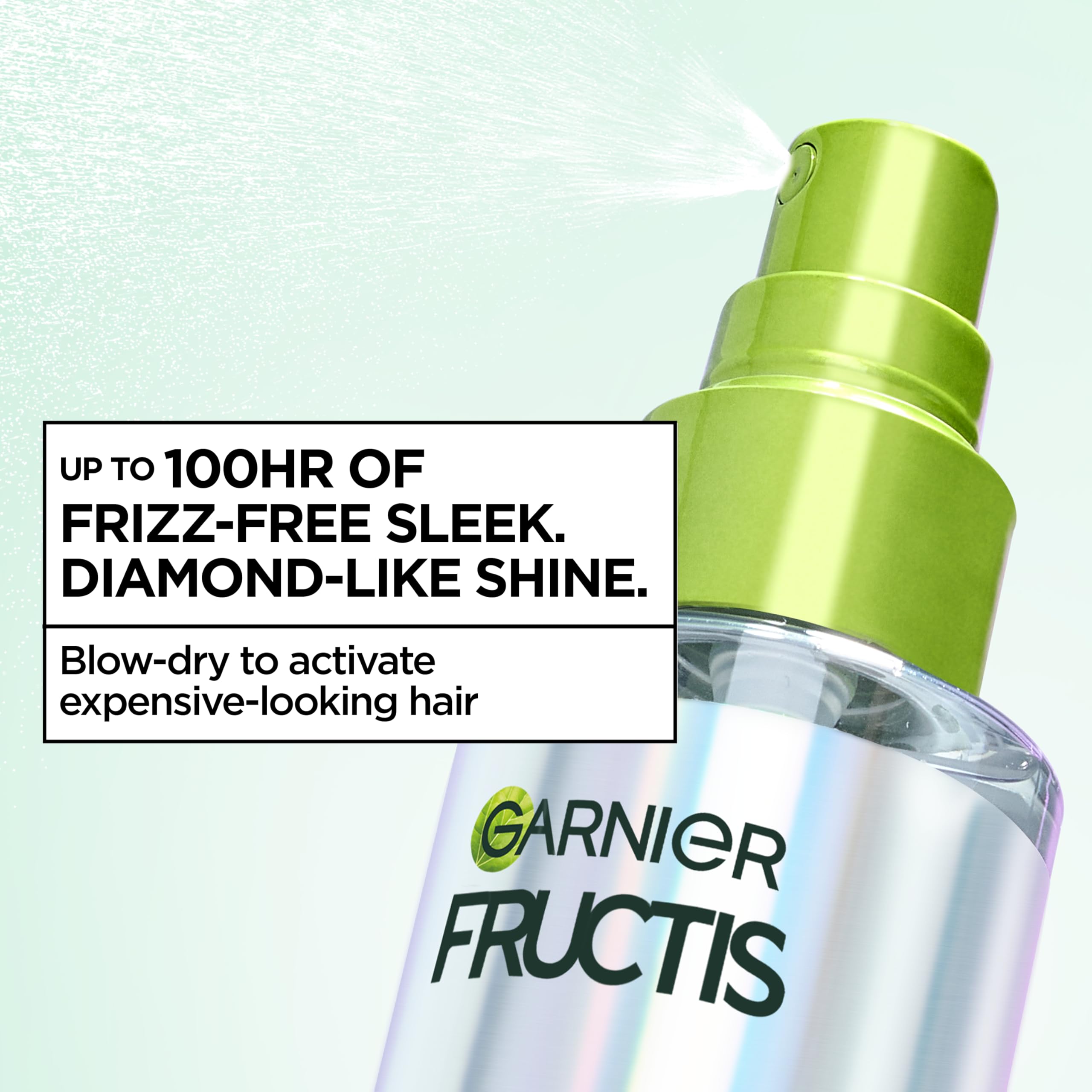Garnier Fructis Diamond Sleek Hair Shine Spray, Up to 100-Hour Frizz Control, Heat Protectant up to 450°F with Vegan Keratin Smoothing Complex and Argan Oil for Frizzy, Dry, Dull Hair, 4.6 Fl Oz