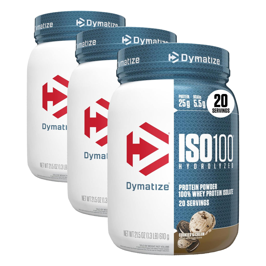 Dymatize ISO100 Whey Protein Powder Isolate, Cookies & Cream, 25g of Protein, 5.5g BCAAs, Less Than 120 Cal., Gluten Free, 1g Fat, 1g Sugar, 2g Carb (20 Servings) (Pack of 3)