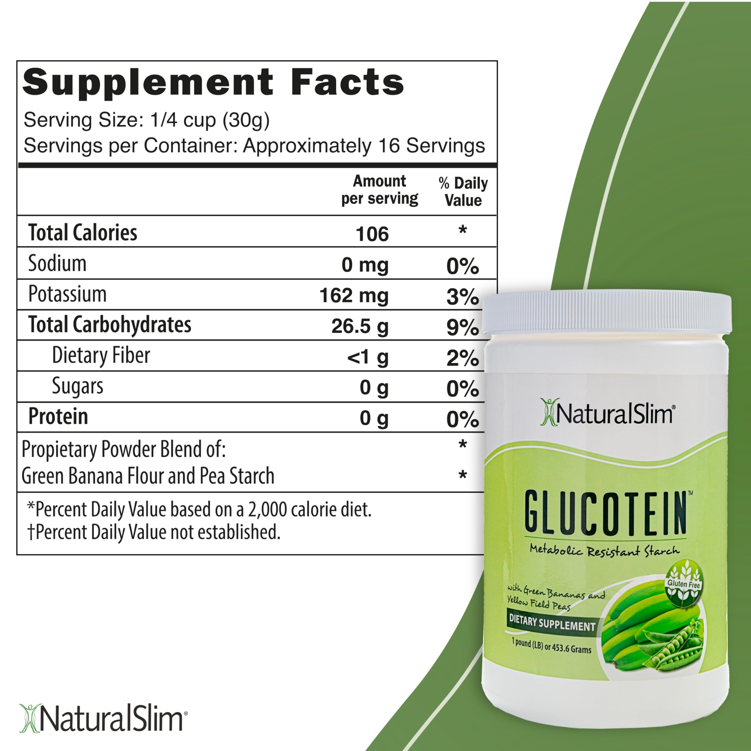 NaturalSlim Glucotein Prebiotic Resistant Starch Supplement with Green Banana Flour & Pea Starch Blend Non-GMO, Gluten-Free 16 Servings
